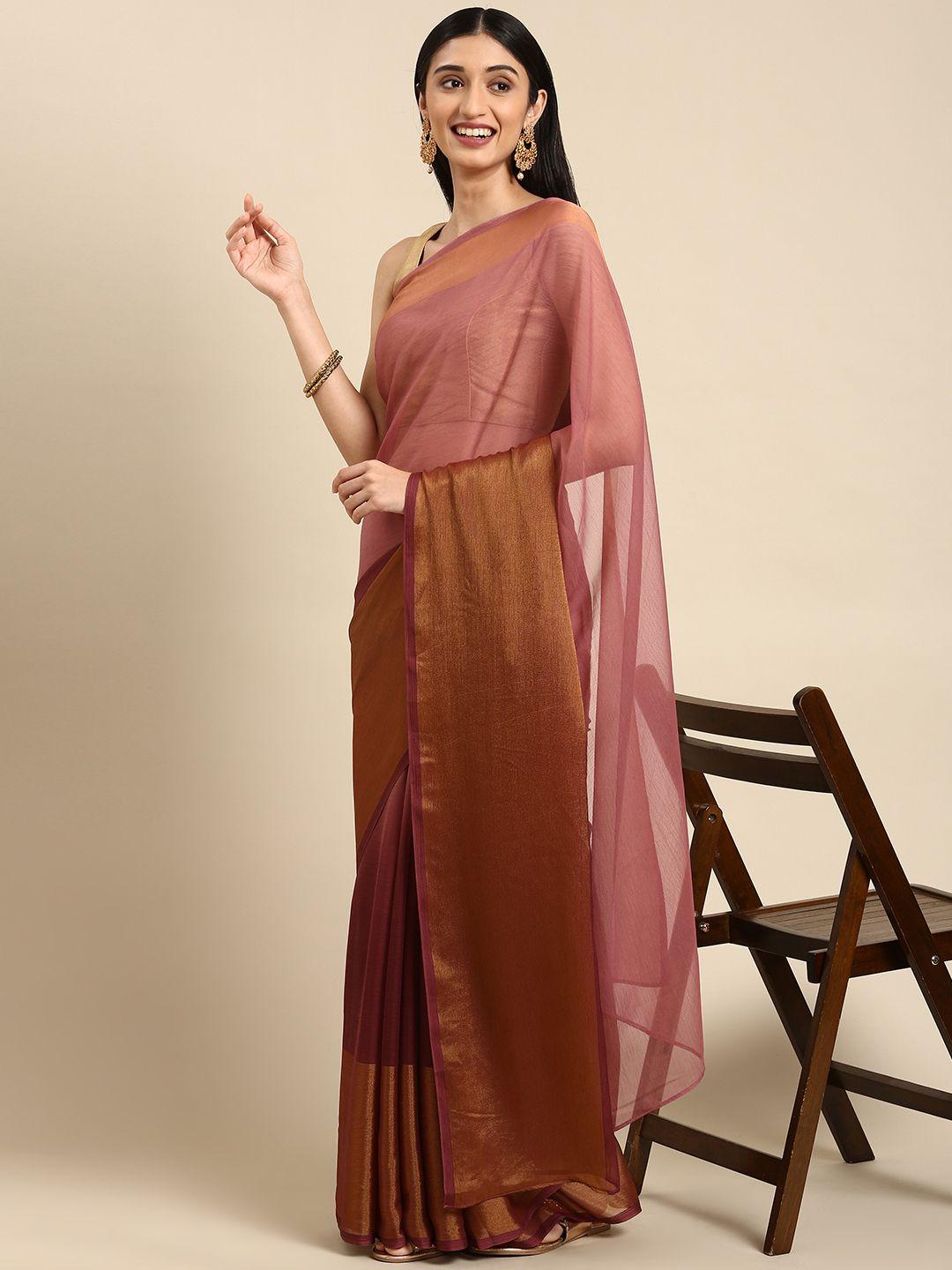 anouk dusty rose pink & bronze-toned solid pure chiffon saree