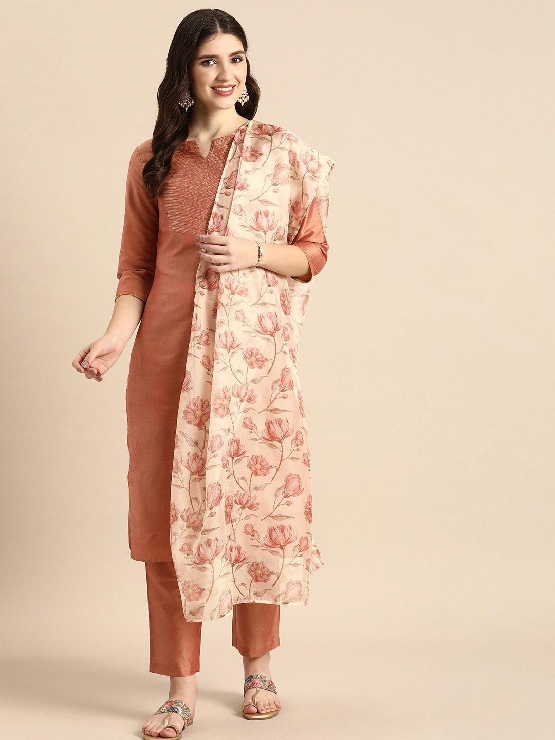 anouk embroidered regular kantha work kurta with trousers & dupatta