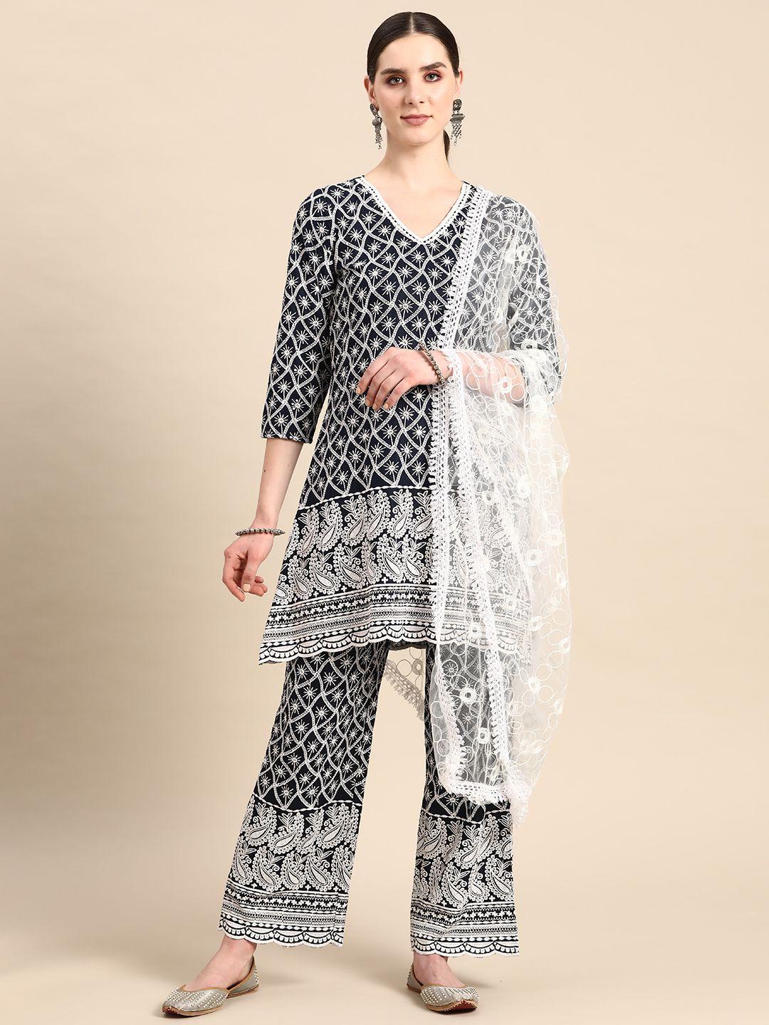 anouk embroidered sequinned kurti with palazzos & dupatta