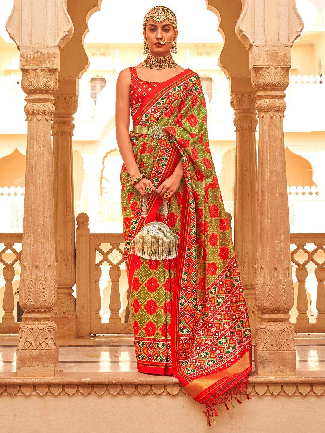 anouk ethnic motif silk blend ikat saree with tassel