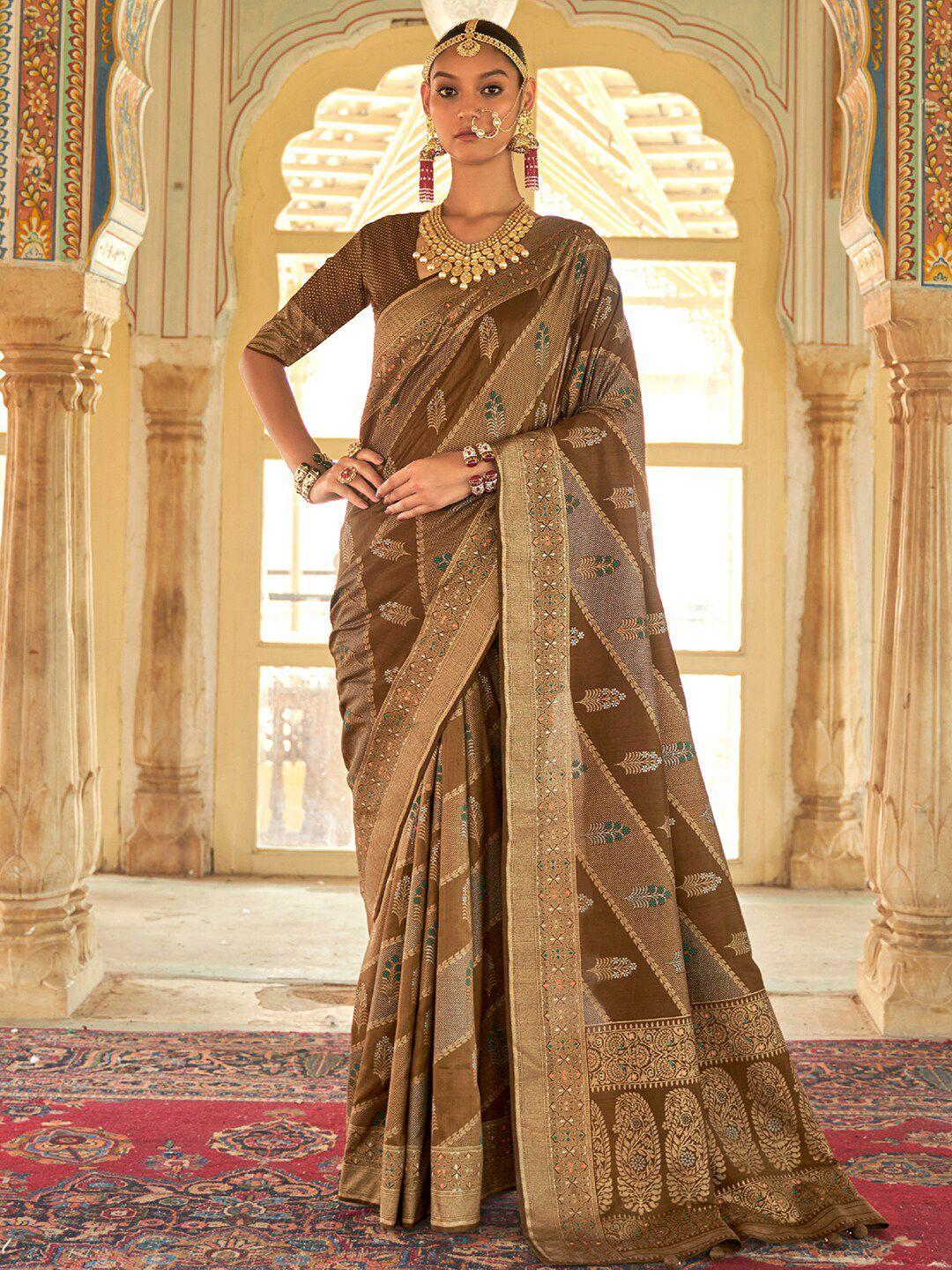 anouk ethnic motif zari silk blend banarasi saree with blouse piece