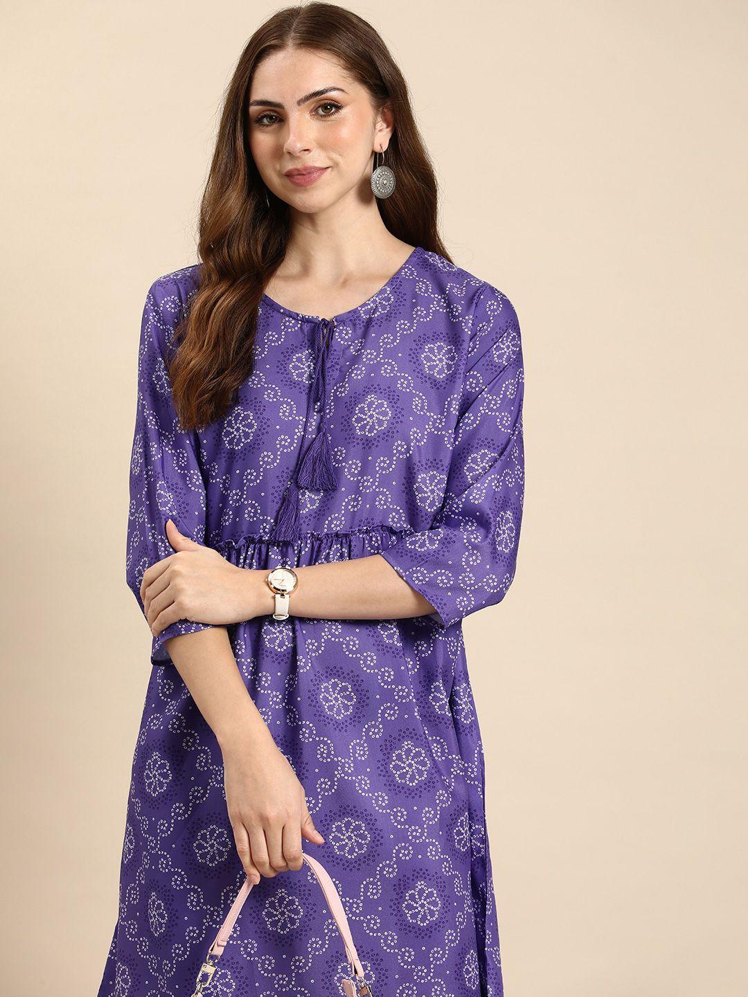 anouk ethnic motifs bandhani printed tie-up neck a-line dress