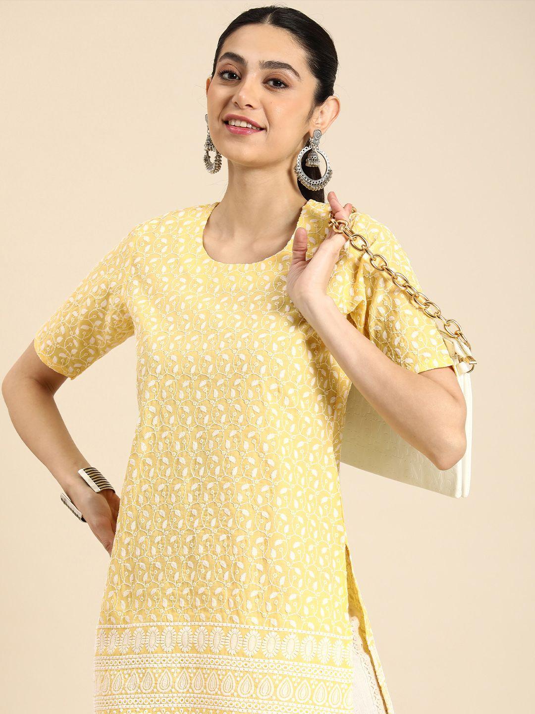 anouk ethnic motifs embroidered chikankari pure cotton kurti