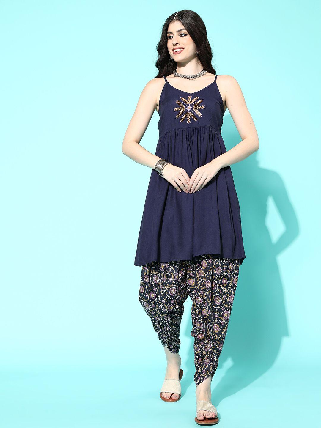 anouk ethnic motifs embroidered pleated kurti with dhoti pants