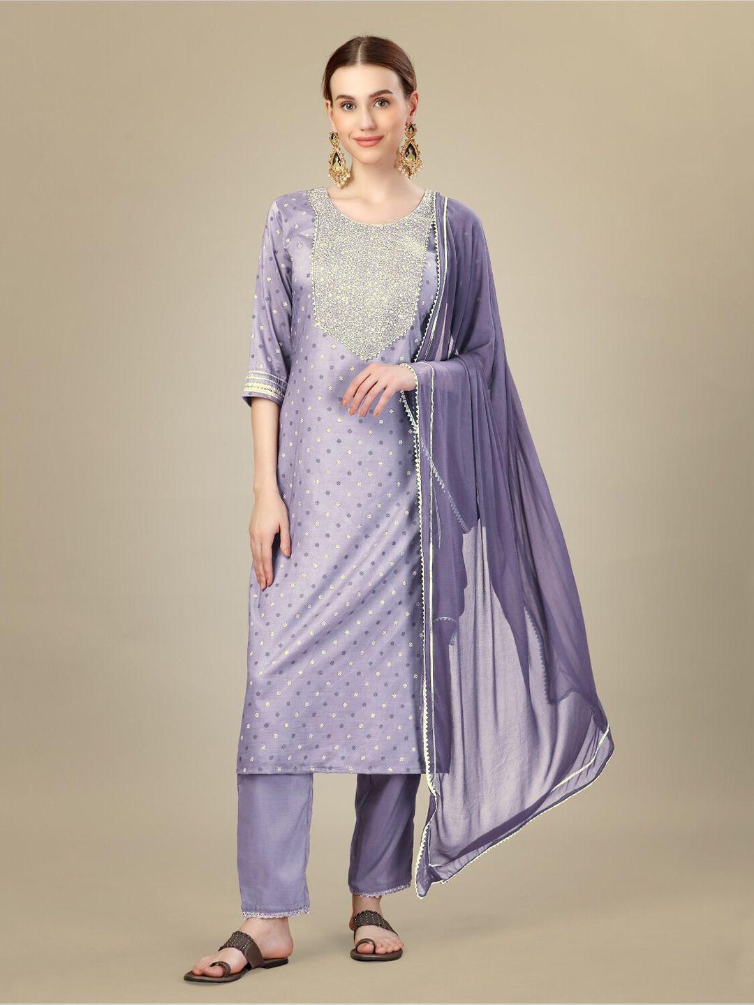 anouk ethnic motifs embroidered round neck sequinned kurta with trousers & dupatta