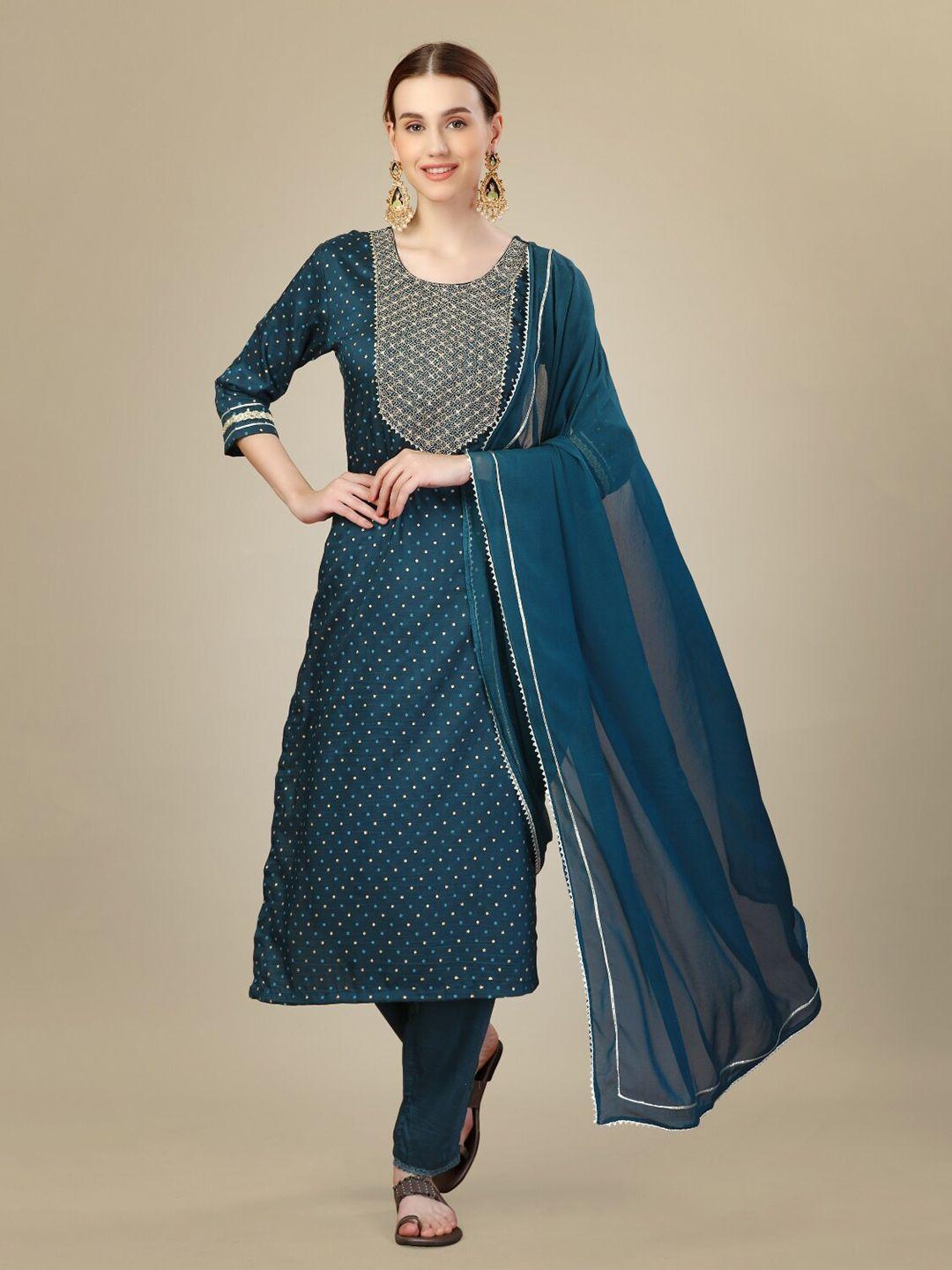 anouk ethnic motifs embroidered round neck thread work kurta with trousers & dupatta