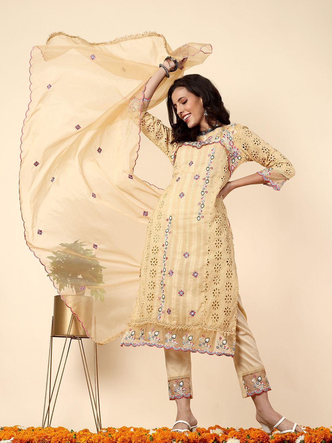 anouk ethnic motifs embroidered thread work pure cotton straight kurta & trousers with
