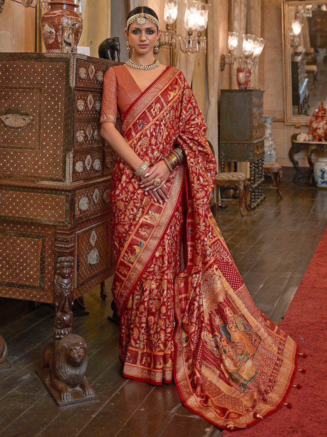 anouk ethnic motifs floral printed beads and stones banarasi saree