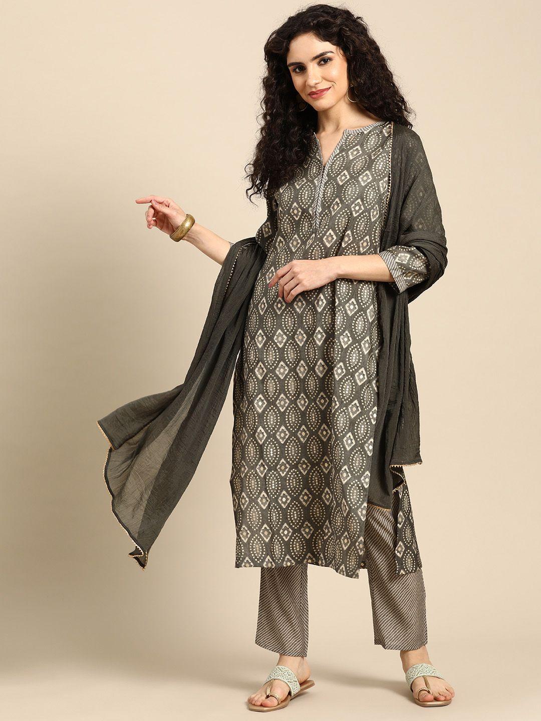 anouk ethnic motifs foil printed kurta with trousers & dupatta