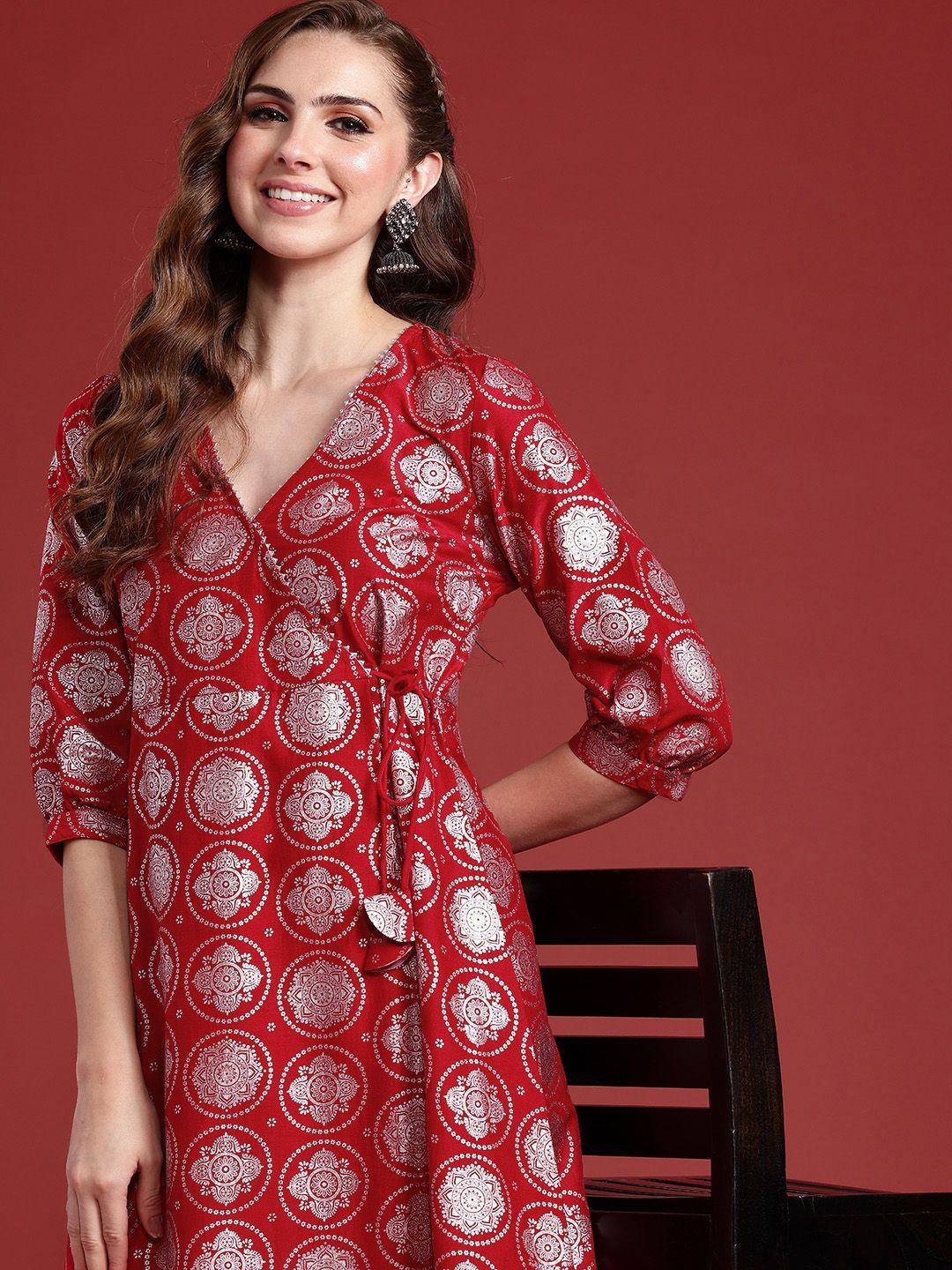 anouk ethnic motifs foil printed wrap style a-line midi ethnic dress