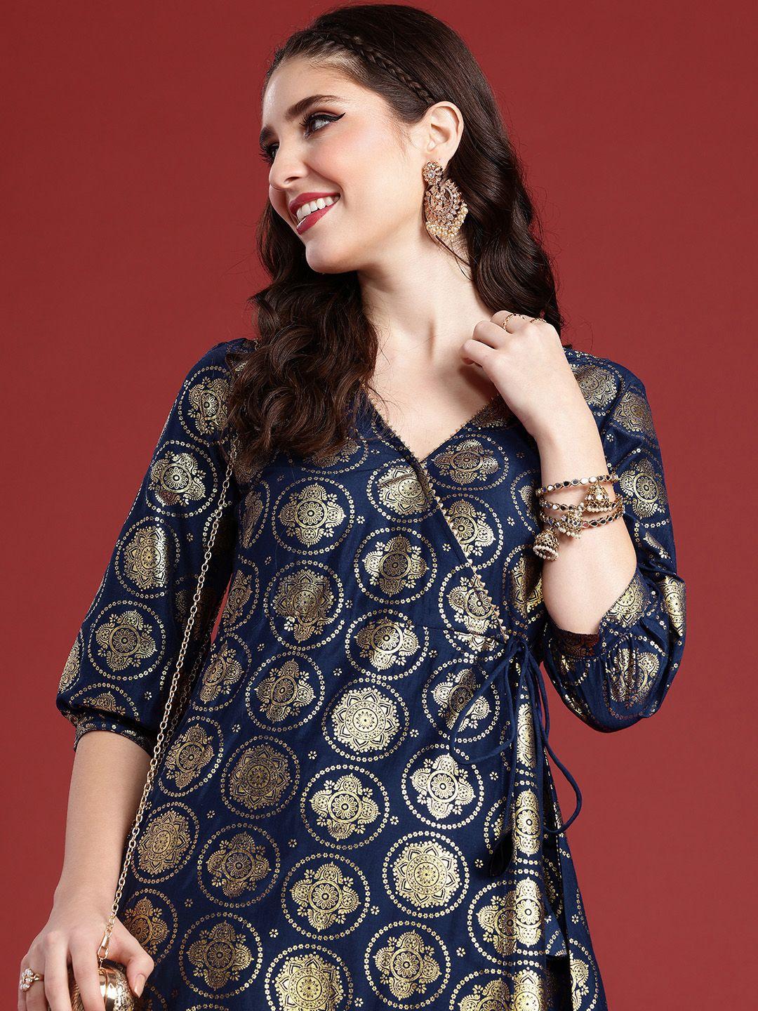 anouk ethnic motifs foil printed wrap style a-line midi ethnic dress