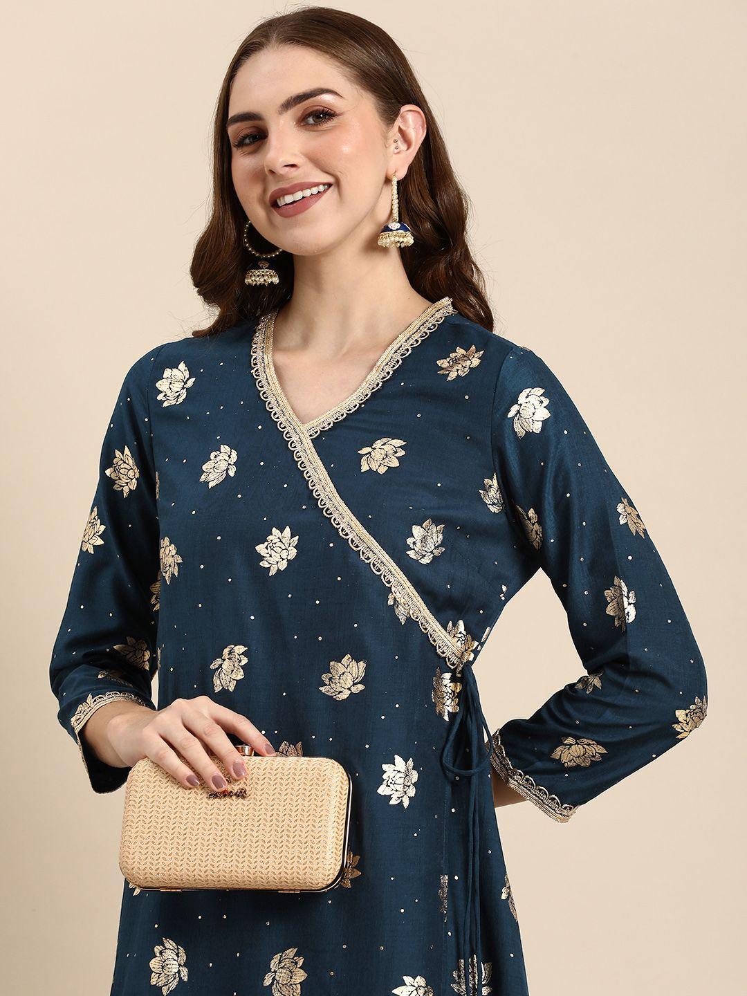 anouk ethnic motifs printed angrakha  a-line kurta with palazzos