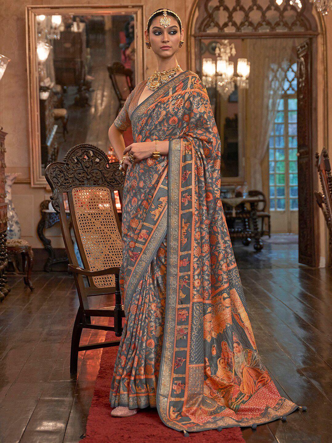 anouk ethnic motifs printed beads & stones banarasi saree