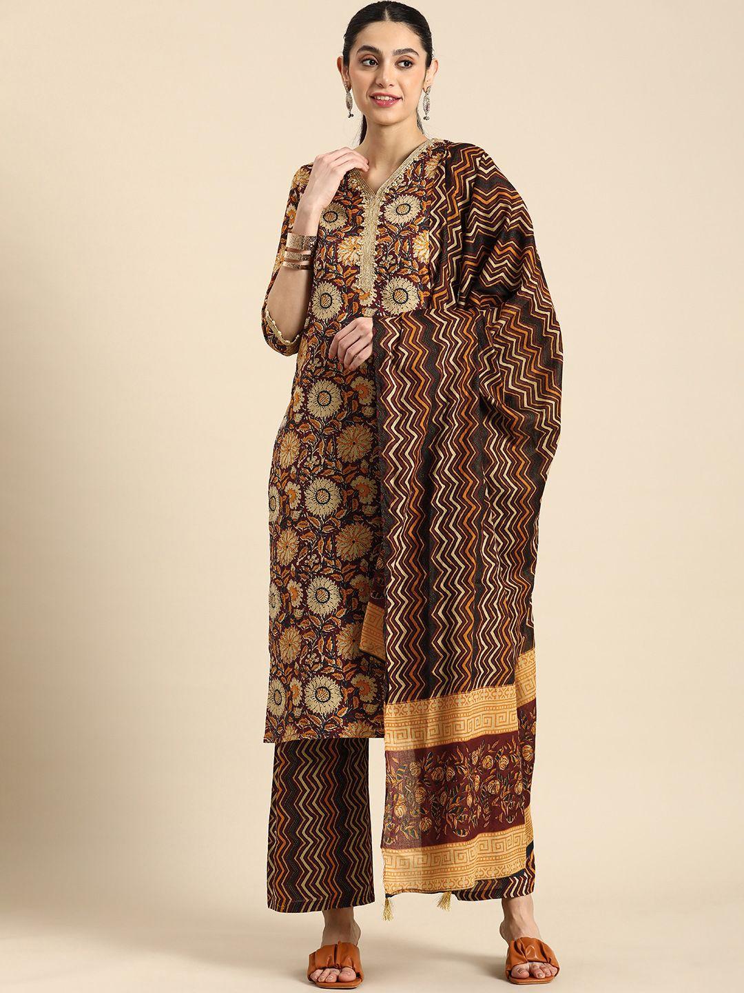 anouk ethnic motifs printed beads & stones pure cotton kurta with palazzos & with dupatta