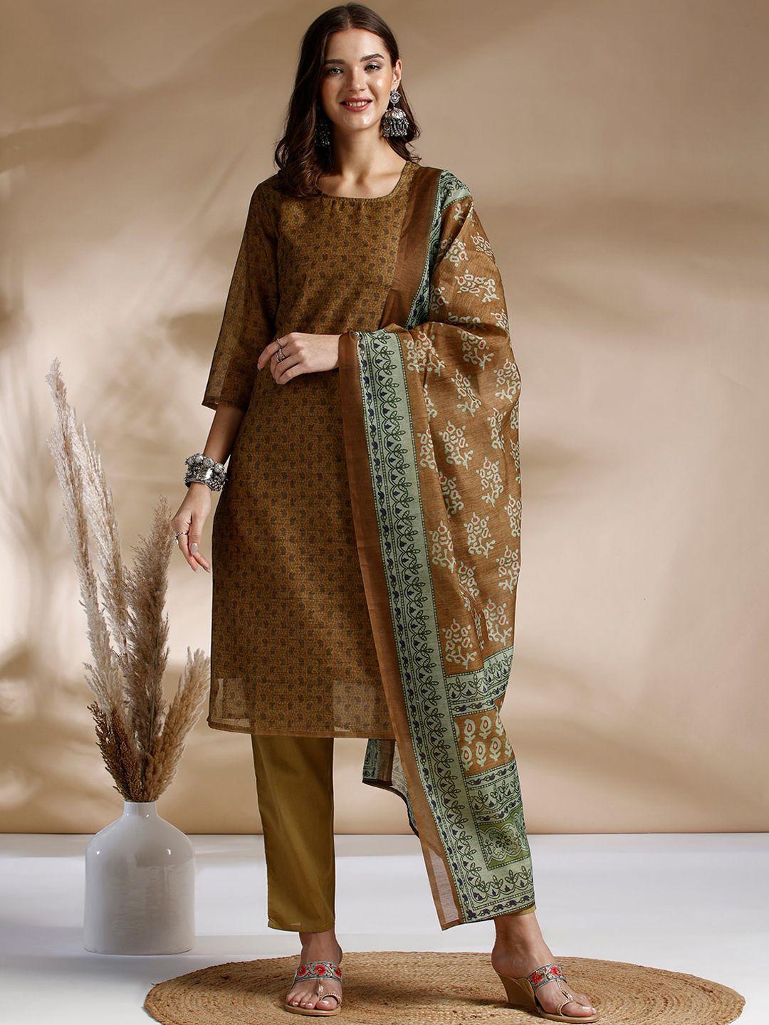 anouk ethnic motifs printed chanderi cotton kurta with trousers & dupatta