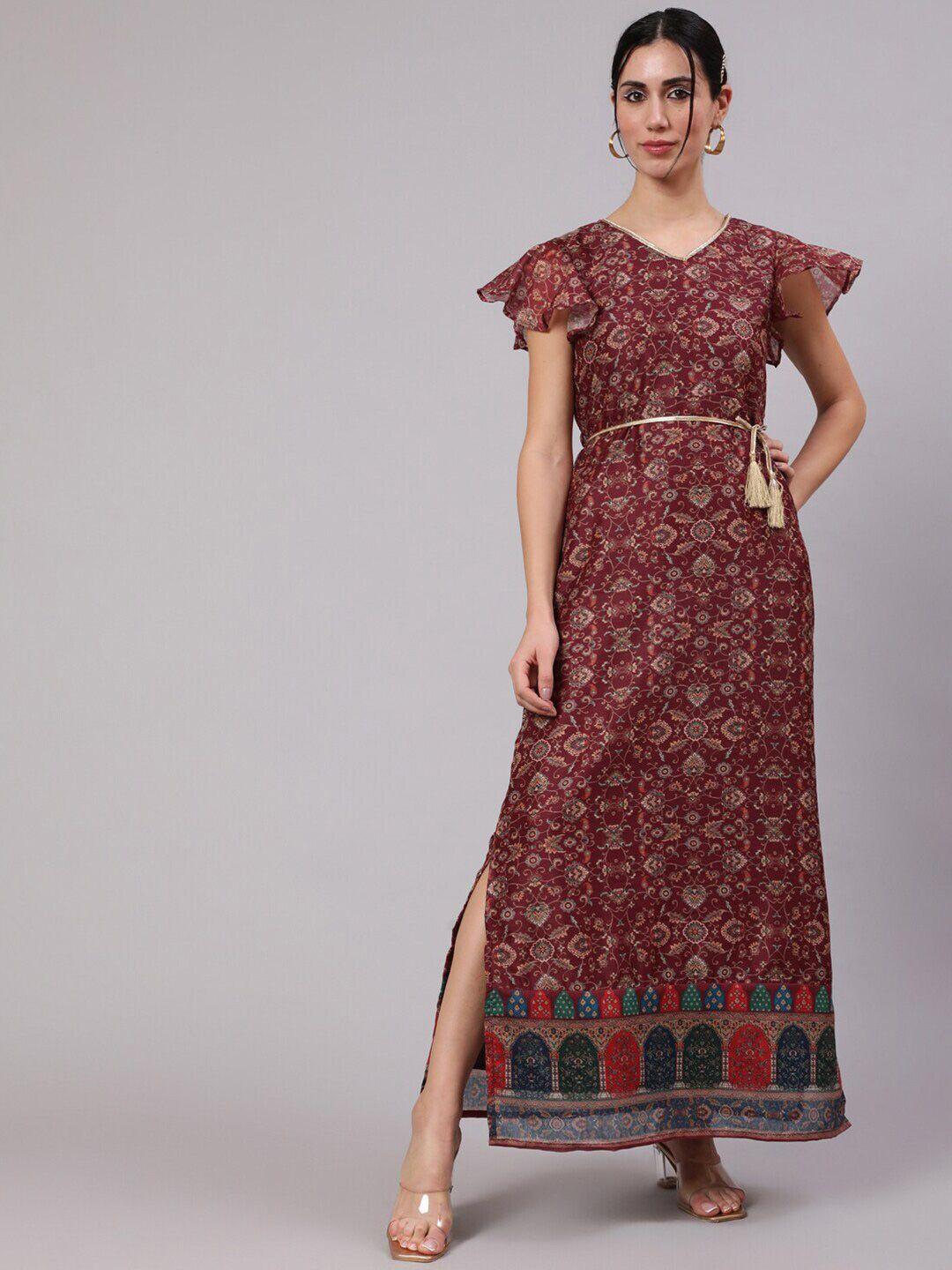 anouk ethnic motifs printed flutter sleeve silk a-line maxi dress