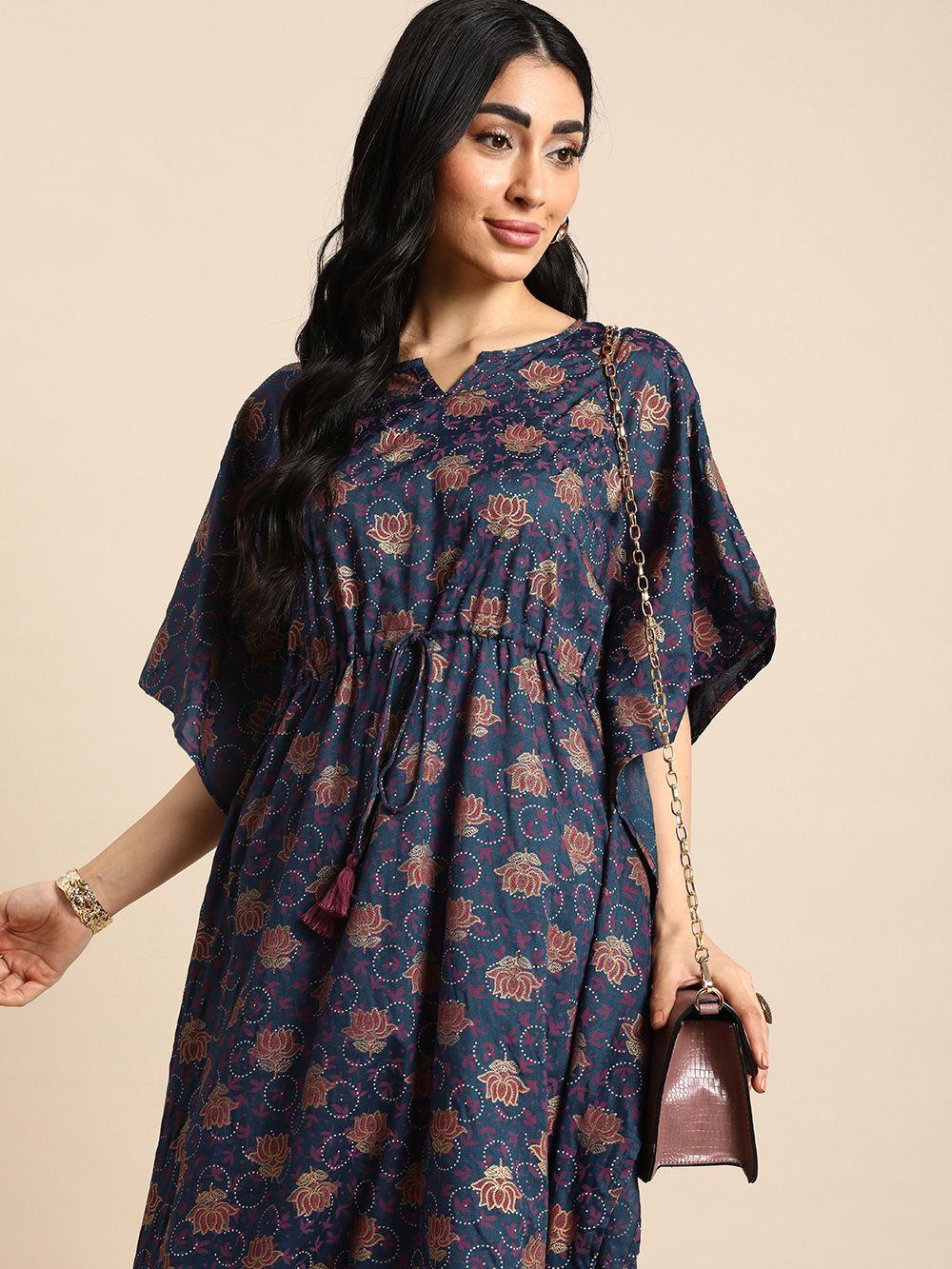 anouk ethnic motifs printed indigo kaftan kurta