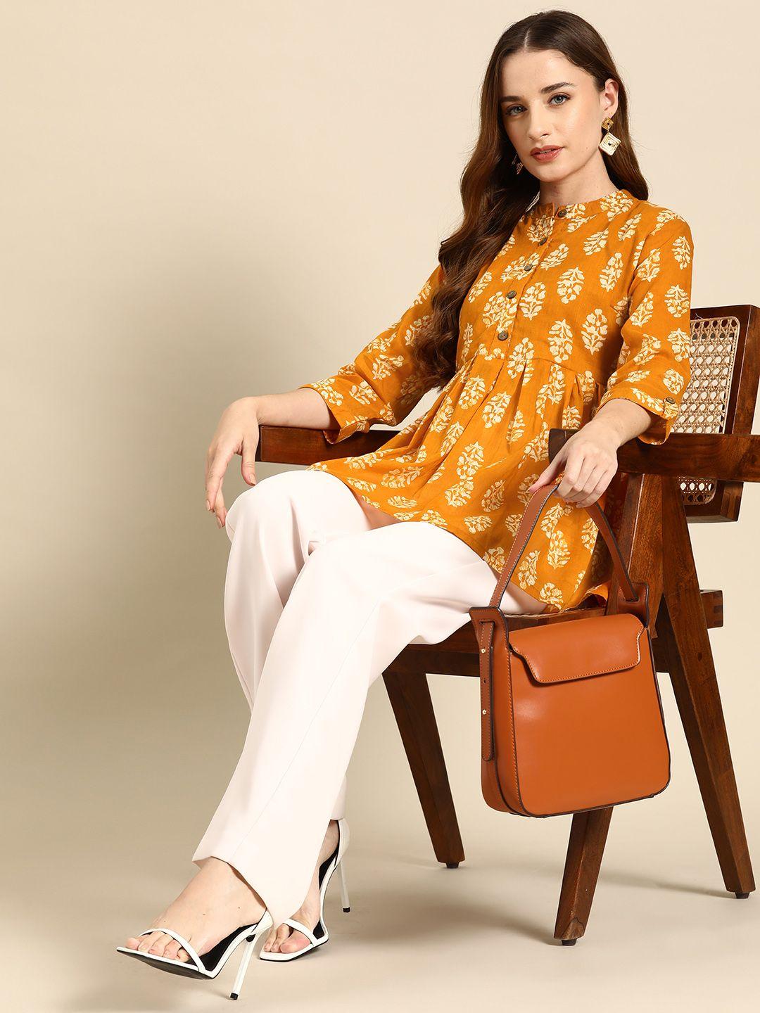 anouk ethnic motifs printed mandarin collar pure cotton pleated kurti