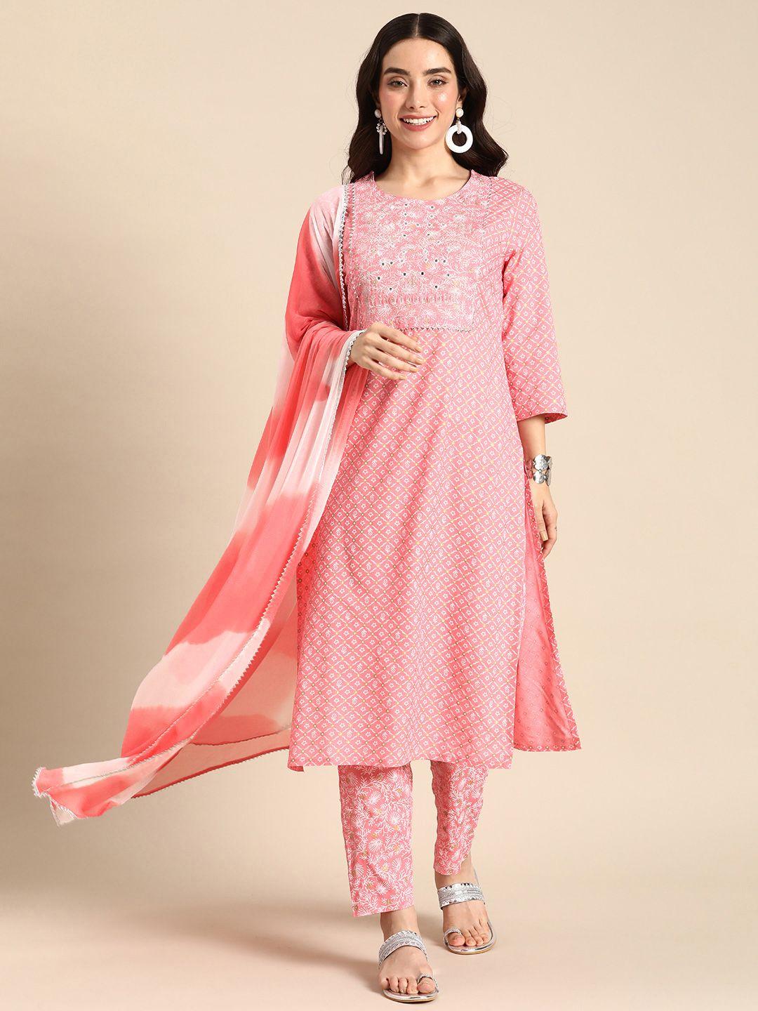 anouk ethnic motifs printed mirror work kurta with trousers & with dupatta