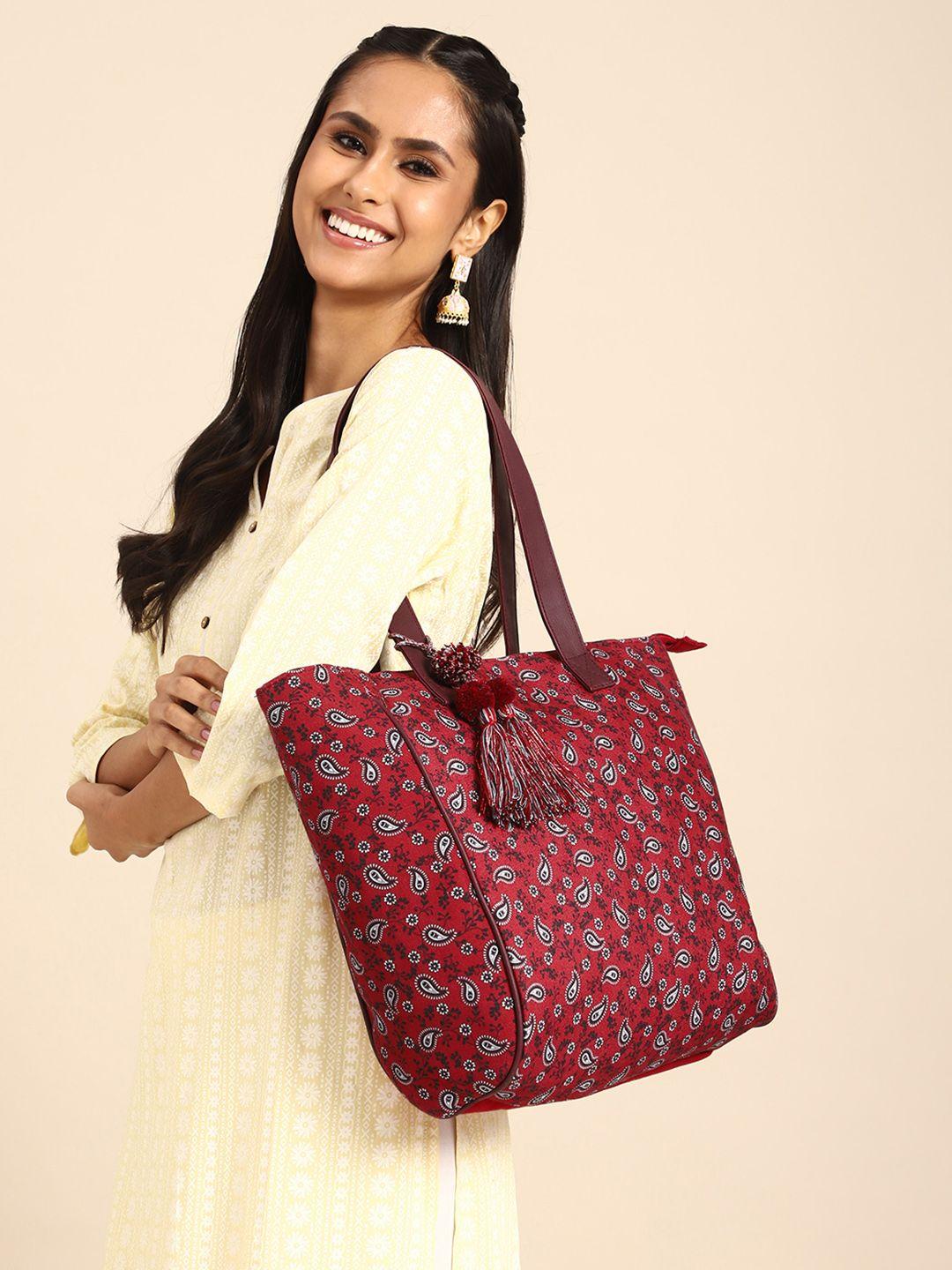 anouk ethnic motifs printed oversized shopper tote bag with tasselled