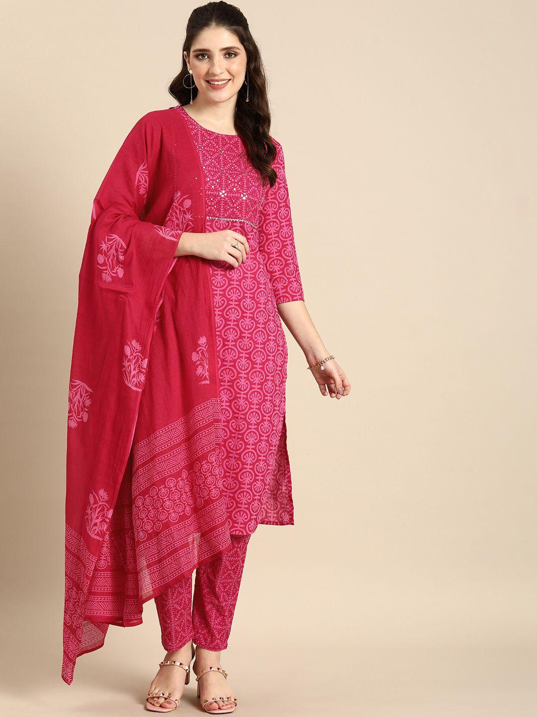 anouk ethnic motifs printed pure cotton kurta with trousers & dupatta