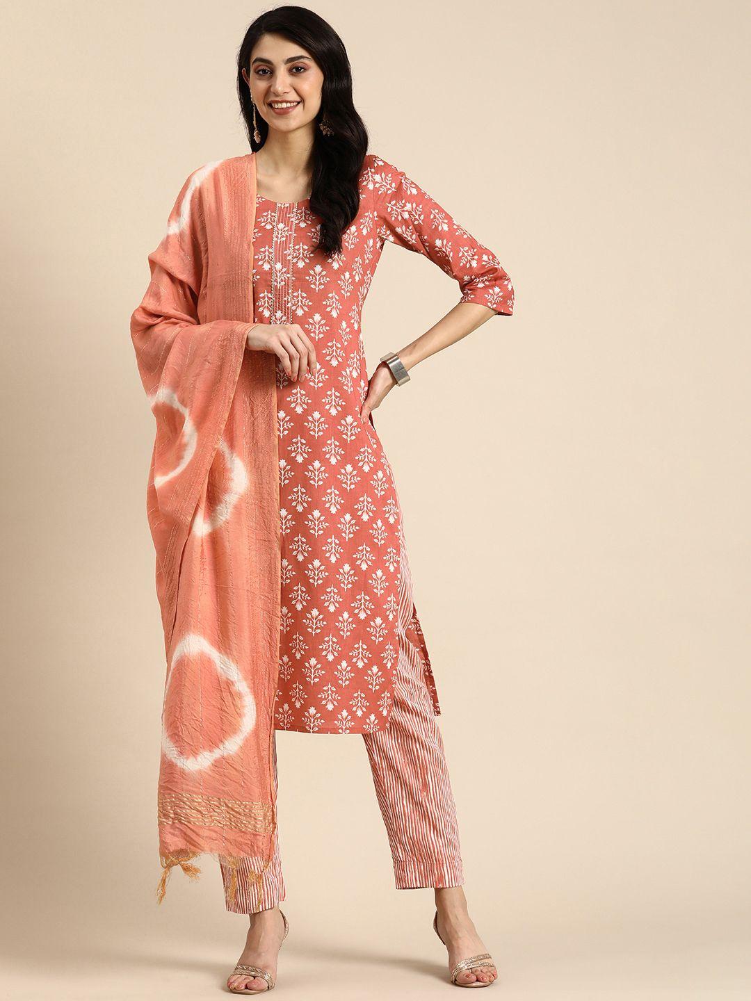 anouk ethnic motifs printed regular gotta patti pure cotton kurta with trousers & dupatta
