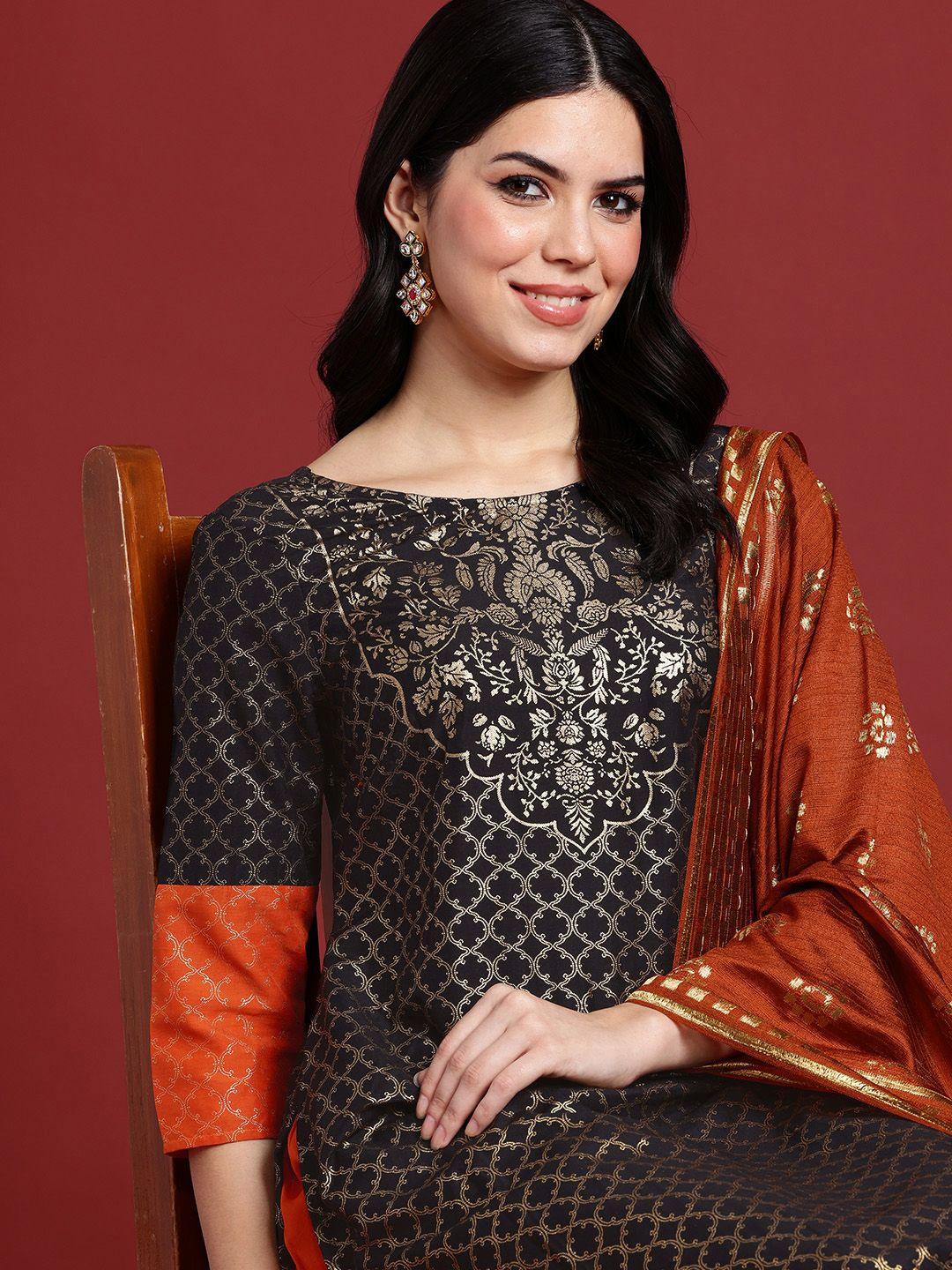 anouk ethnic motifs printed regular kurta with dhoti pants & dupatta