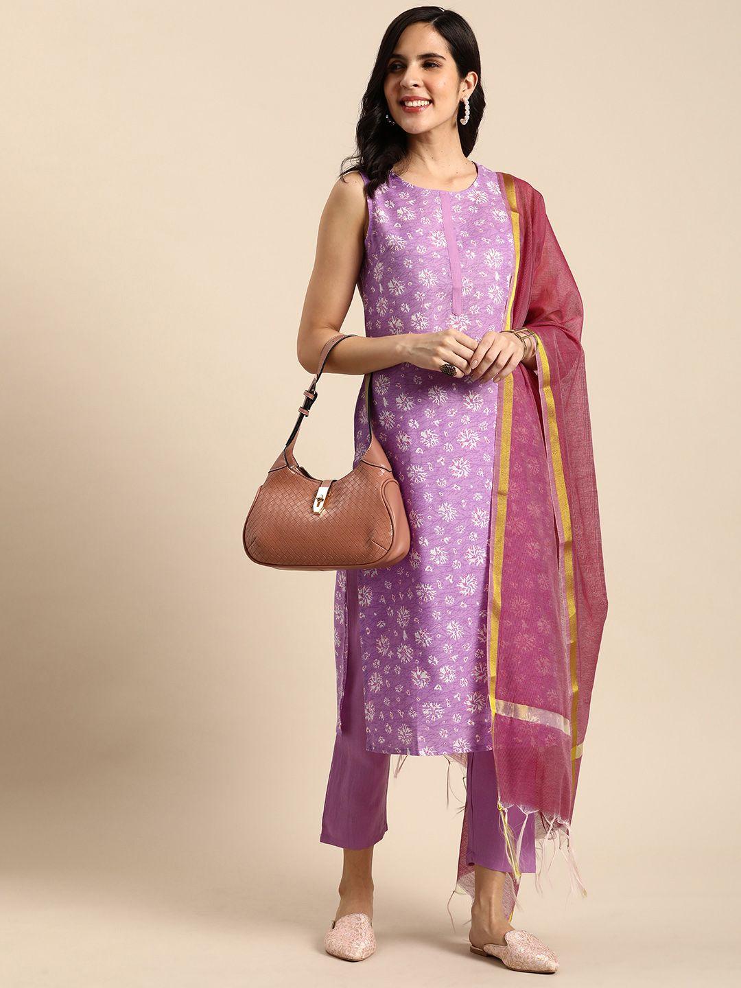 anouk ethnic motifs printed regular kurta with trousers & contrast dupatta