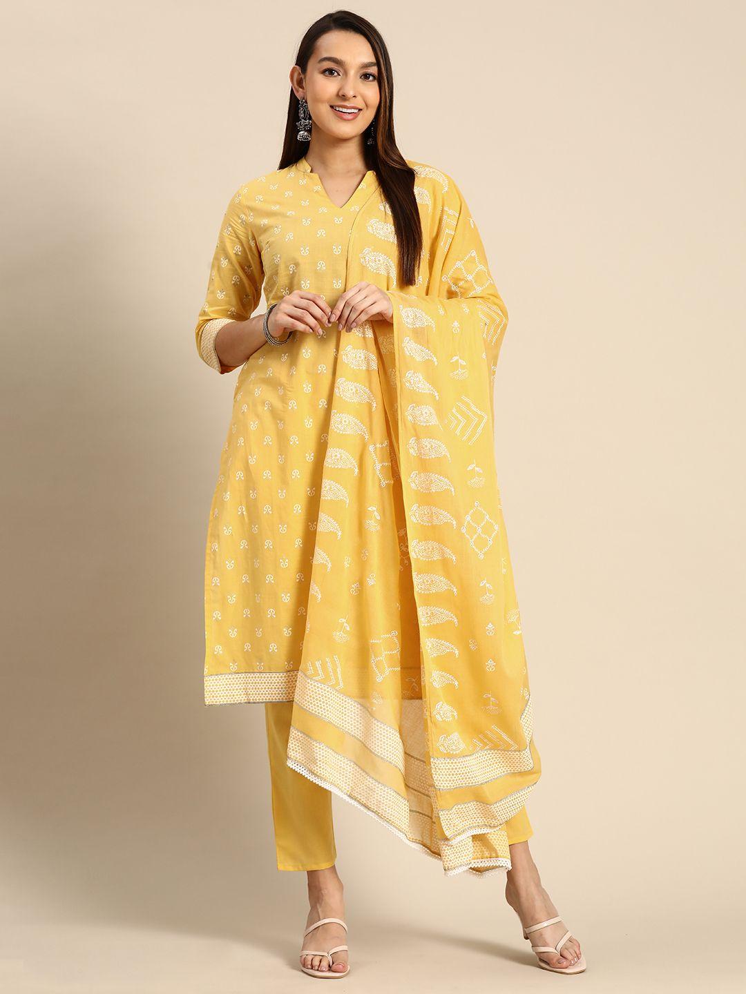 anouk ethnic motifs printed regular pure cotton kurta with palazzos & with dupatta