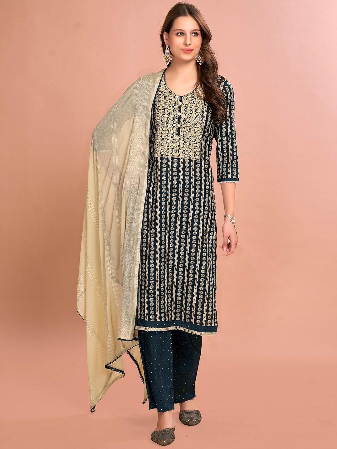 anouk ethnic motifs printed regular thread work pure cotton kurta with pyjamas & dupatta