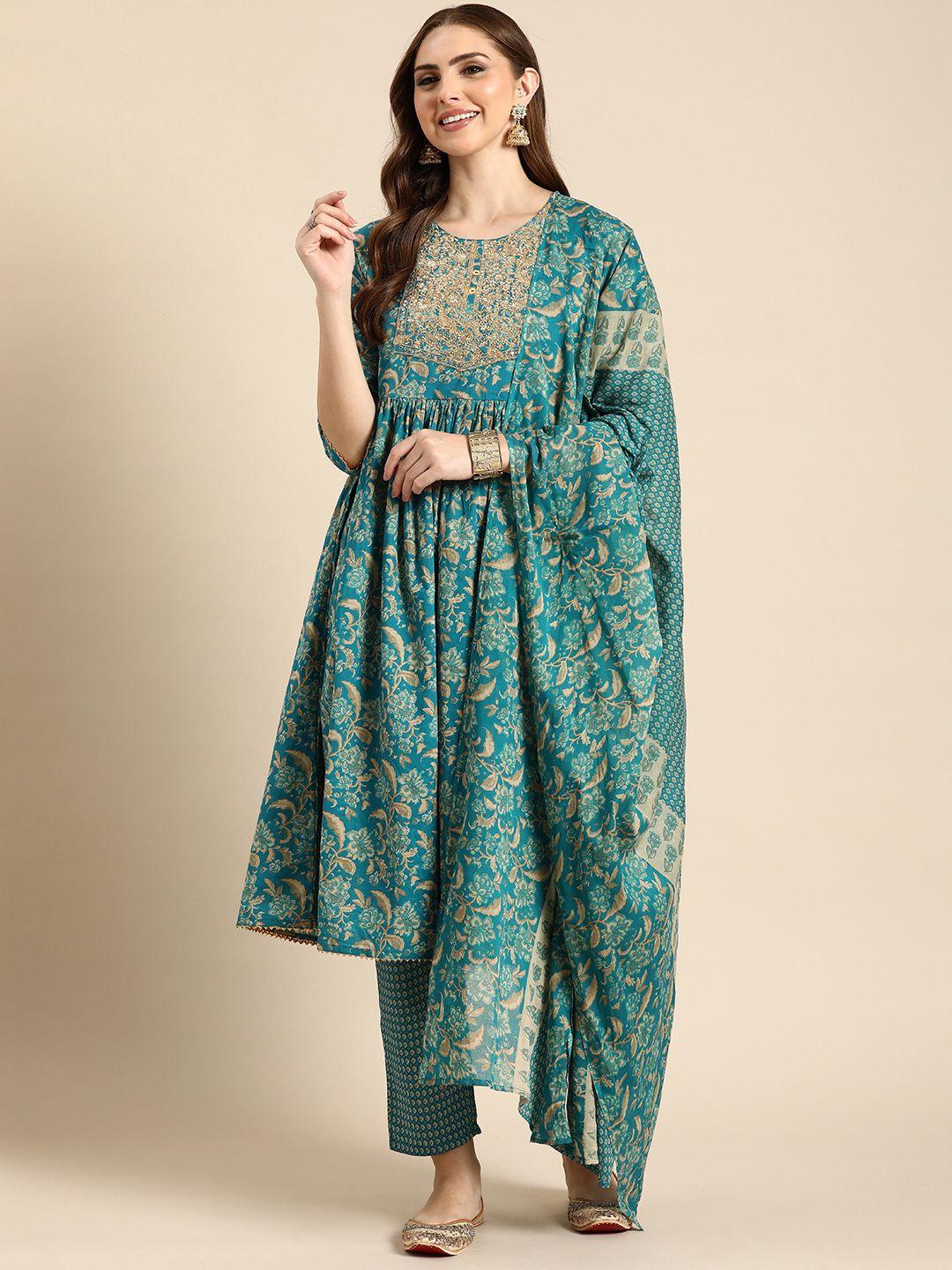 anouk ethnic motifs printed sequinned pure cotton a-line kurta with trousers & dupatta