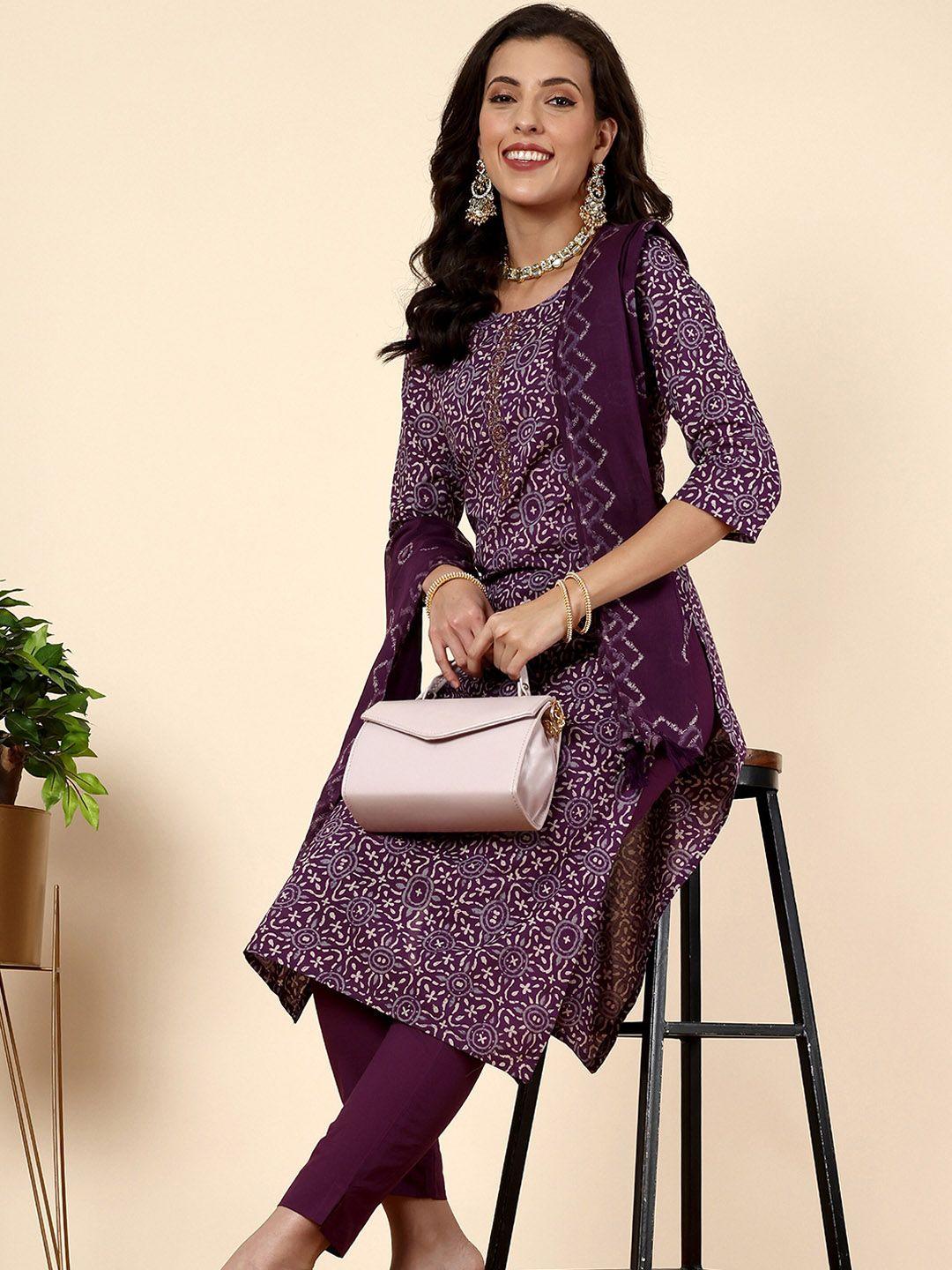 anouk ethnic motifs printed sequinned pure cotton kurta with trousers & with dupatta