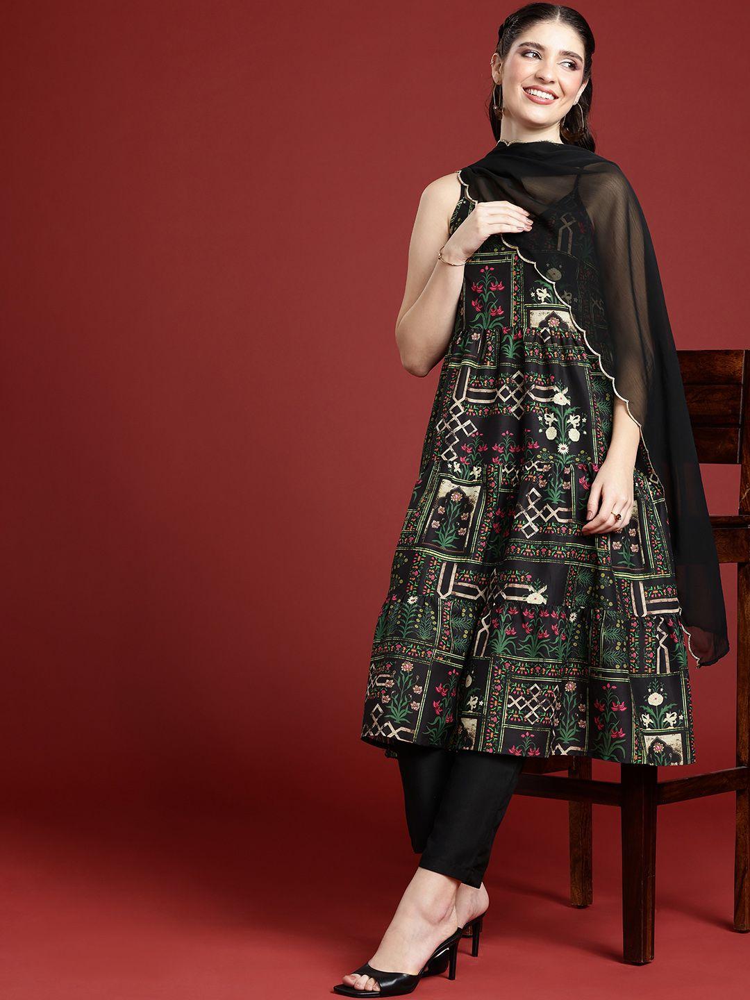 anouk ethnic motifs printed shoulder straps a-line kurta with trousers & with dupatta