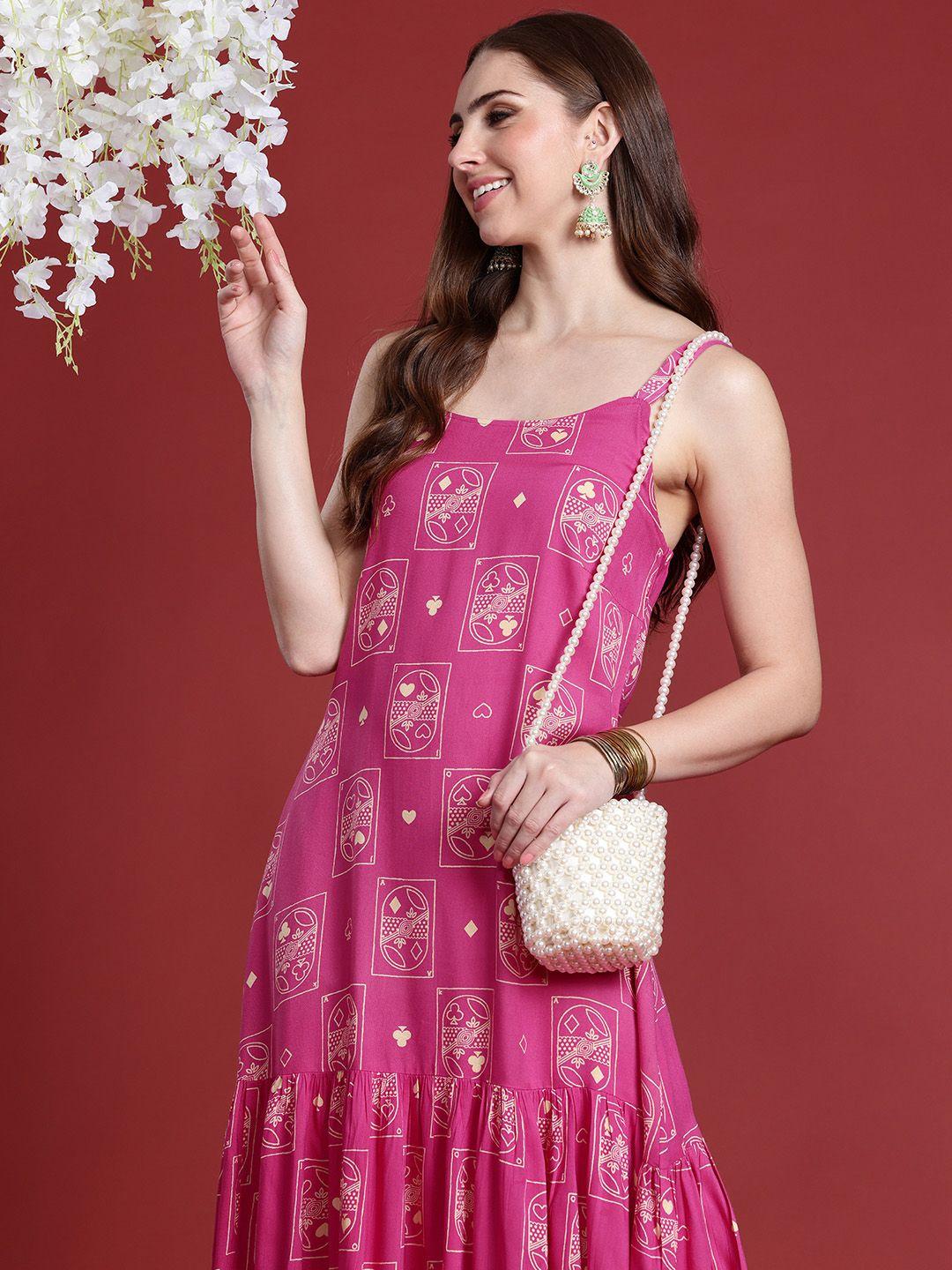 anouk ethnic motifs printed sleeveless a-line tiered kurta