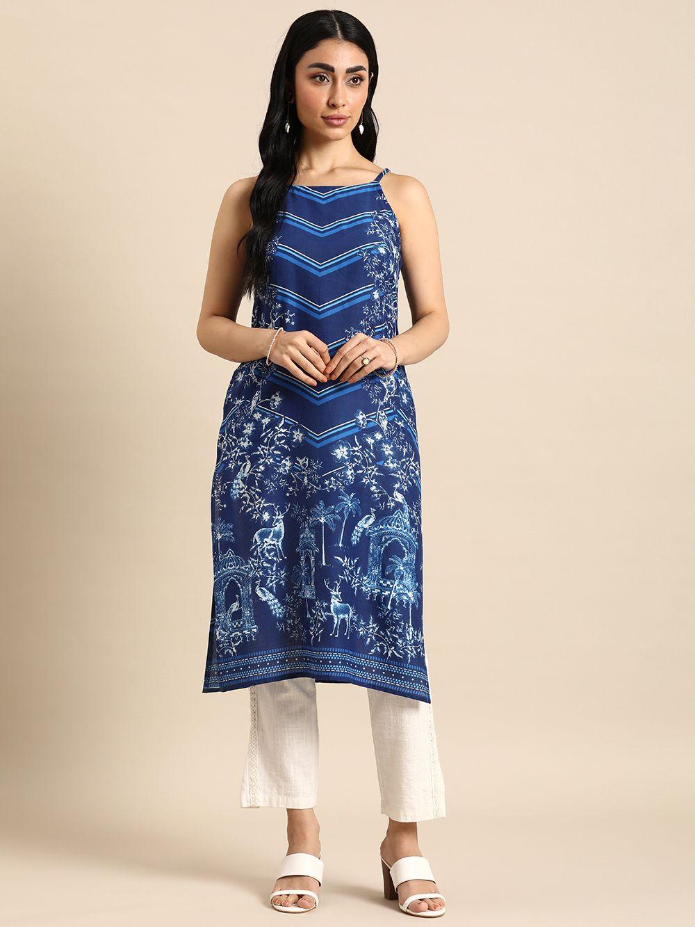 anouk ethnic motifs printed sleeveless indigo kurta