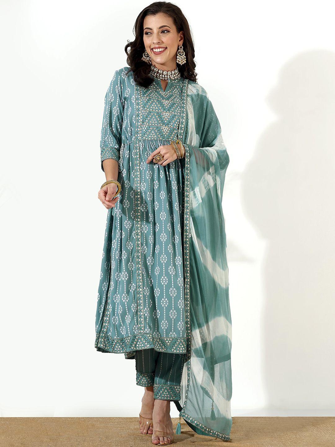 anouk ethnic motifs printed thread work high slit a-line kurta & trousers with dupatta