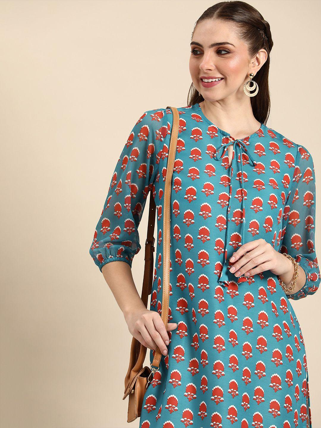 anouk ethnic motifs printed tie-up neck kurta