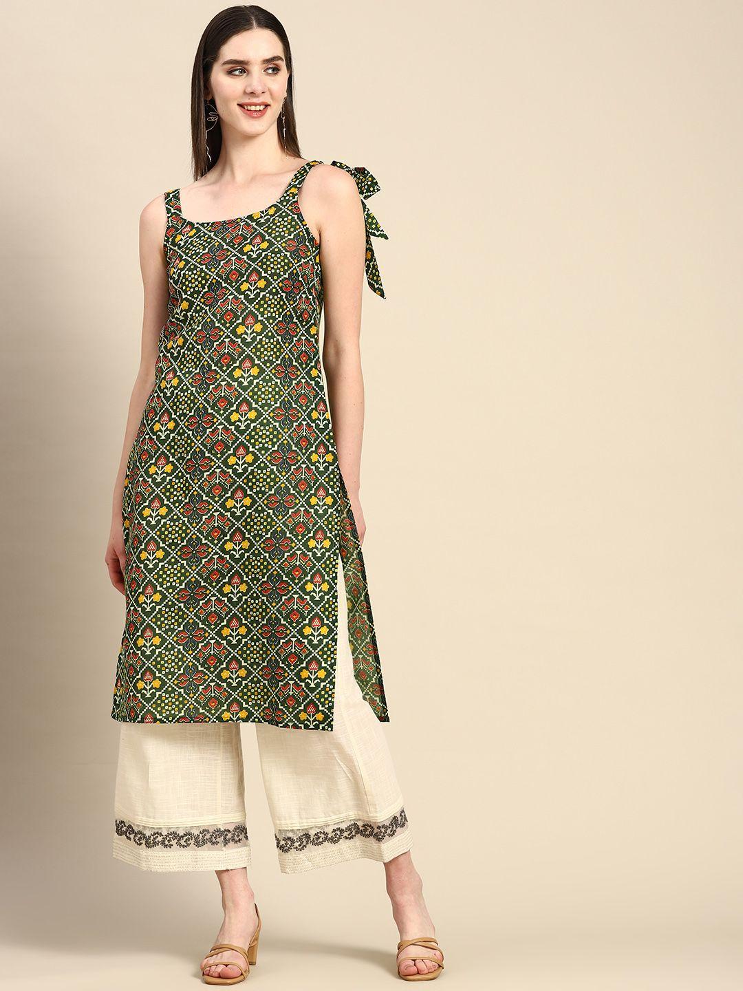 anouk ethnic motifs printed tie-up shoulder straps straight kurta