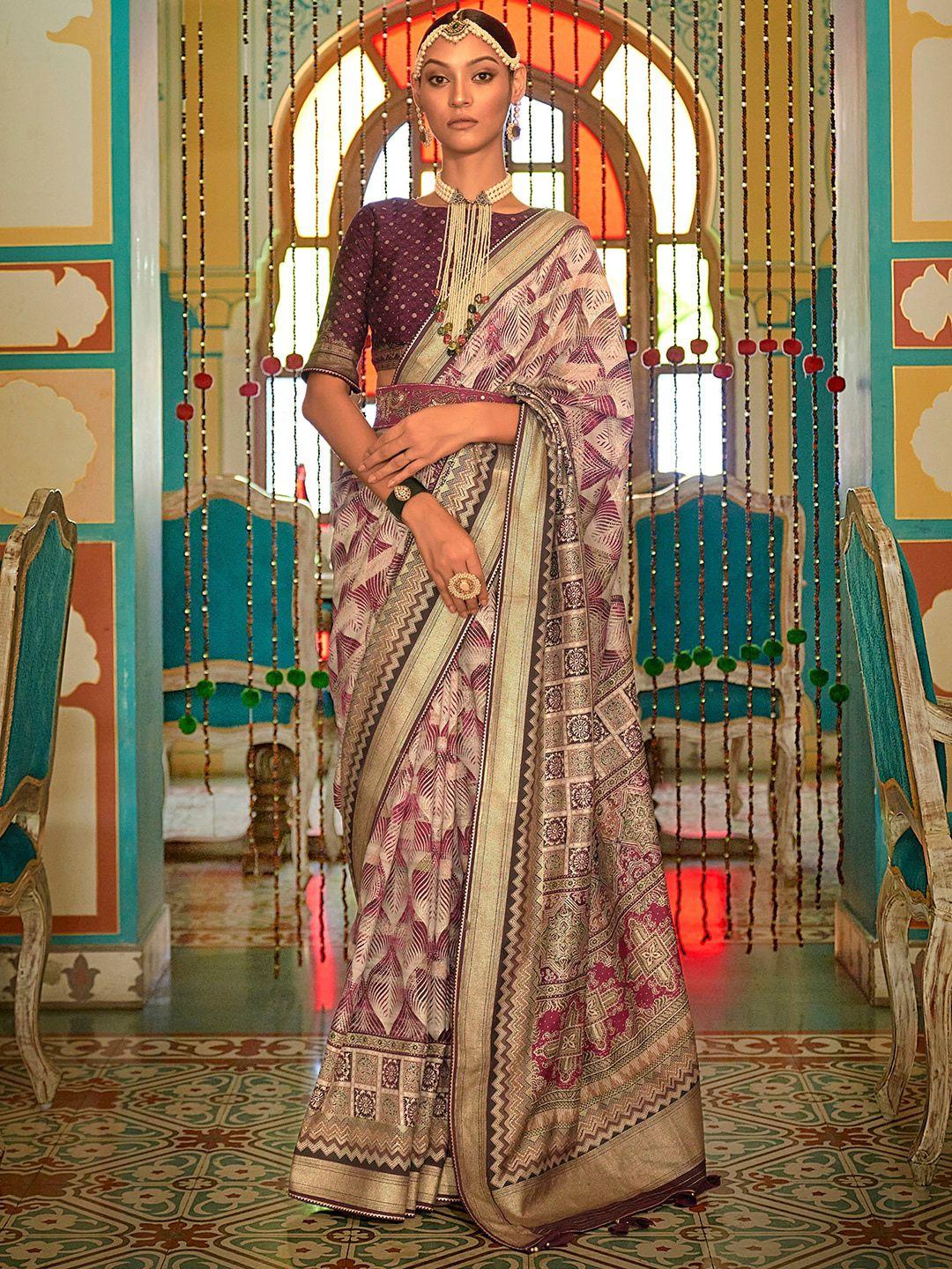 anouk ethnic motifs printed zari silk blend banarasi saree