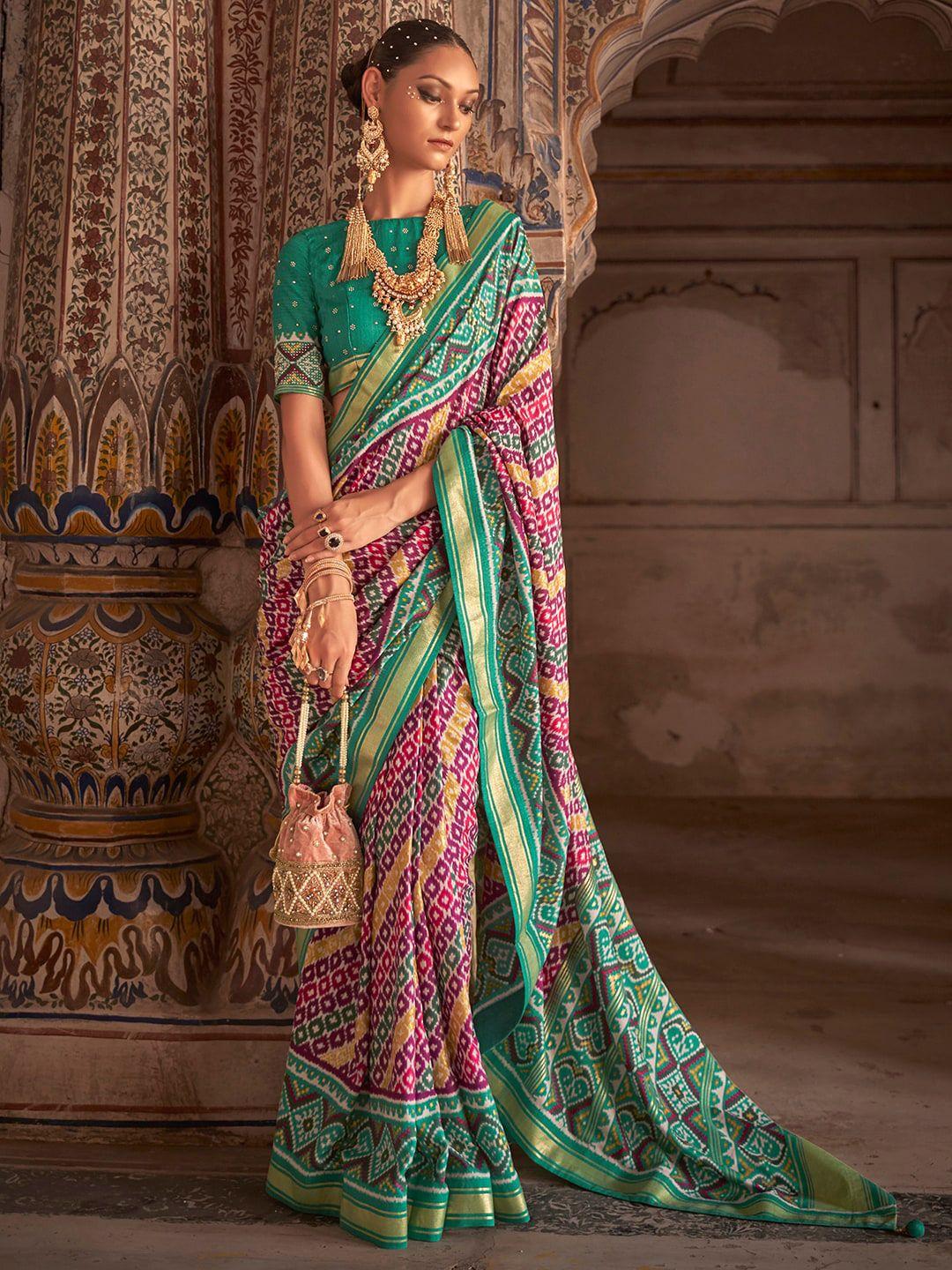 anouk ethnic motifs printed zari silk blend pochampally saree