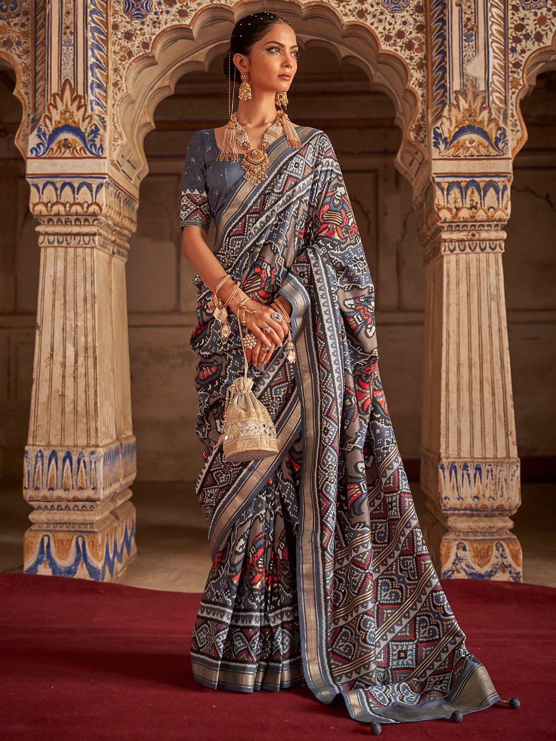 anouk ethnic motifs printed zari silk blend pochampally saree