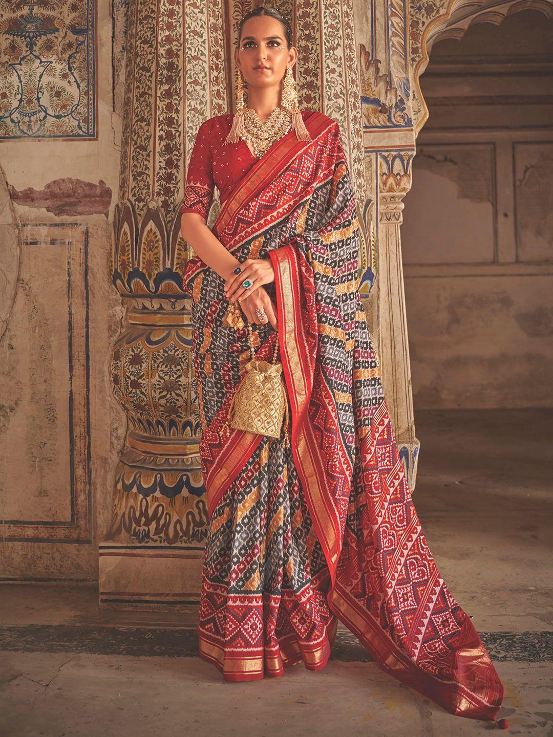 anouk ethnic motifs printed zari silk blend pochampally saree