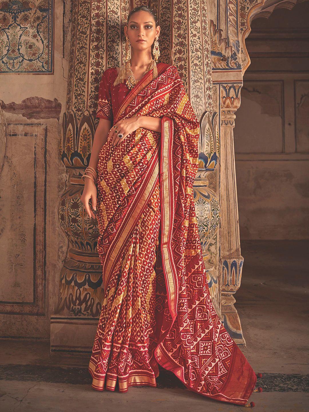 anouk ethnic motifs printed zari silk blend pochampally saree