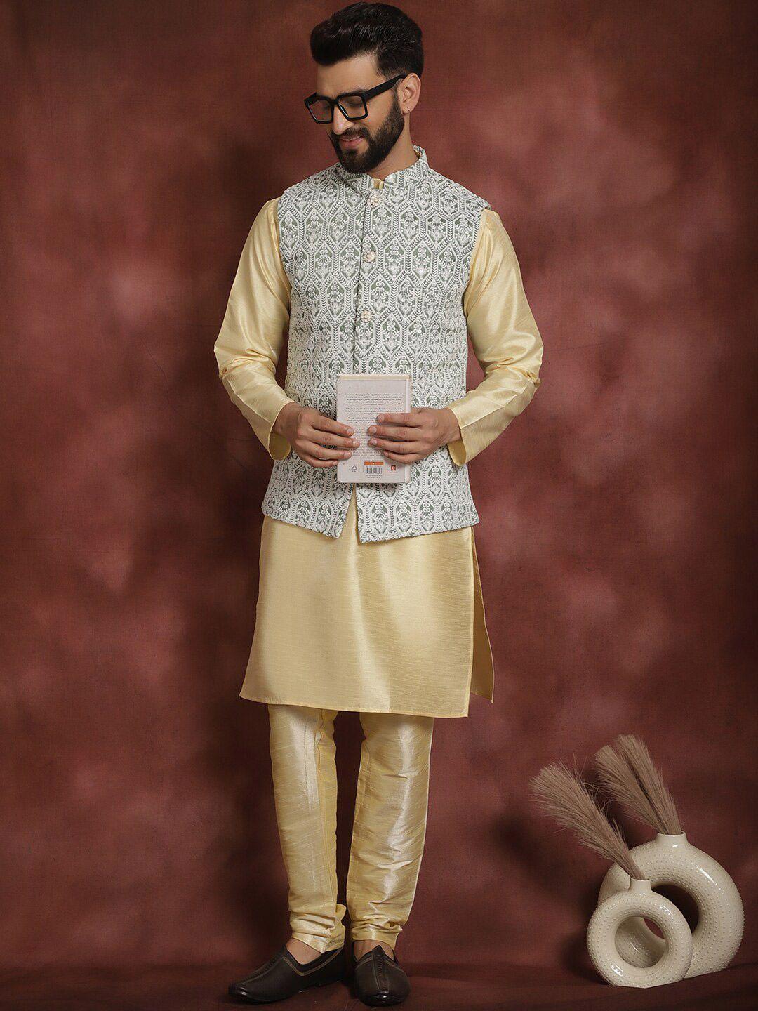 anouk ethnic motifs thread work straight kurta with churidar & nehru jacket