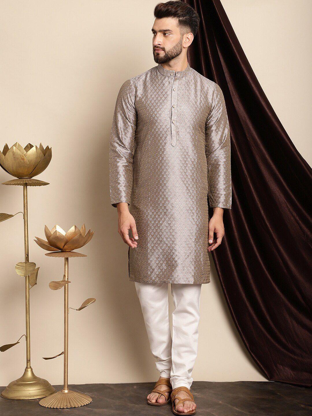 anouk ethnic motifs woven design band collar straight kurta with churidar