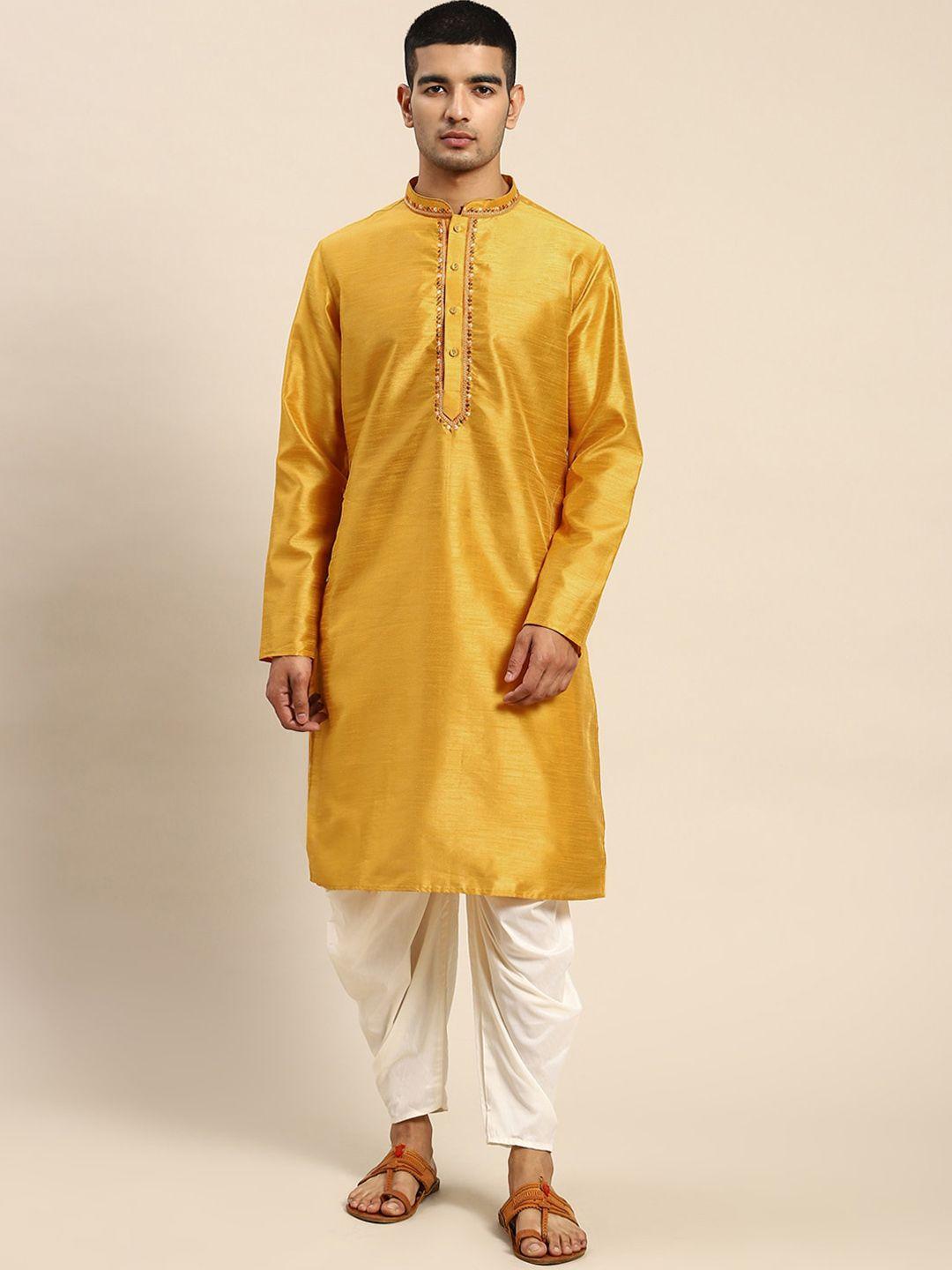 anouk ethnic motifs yoke design mandarin collar thread work straight kurta with dhoti pant