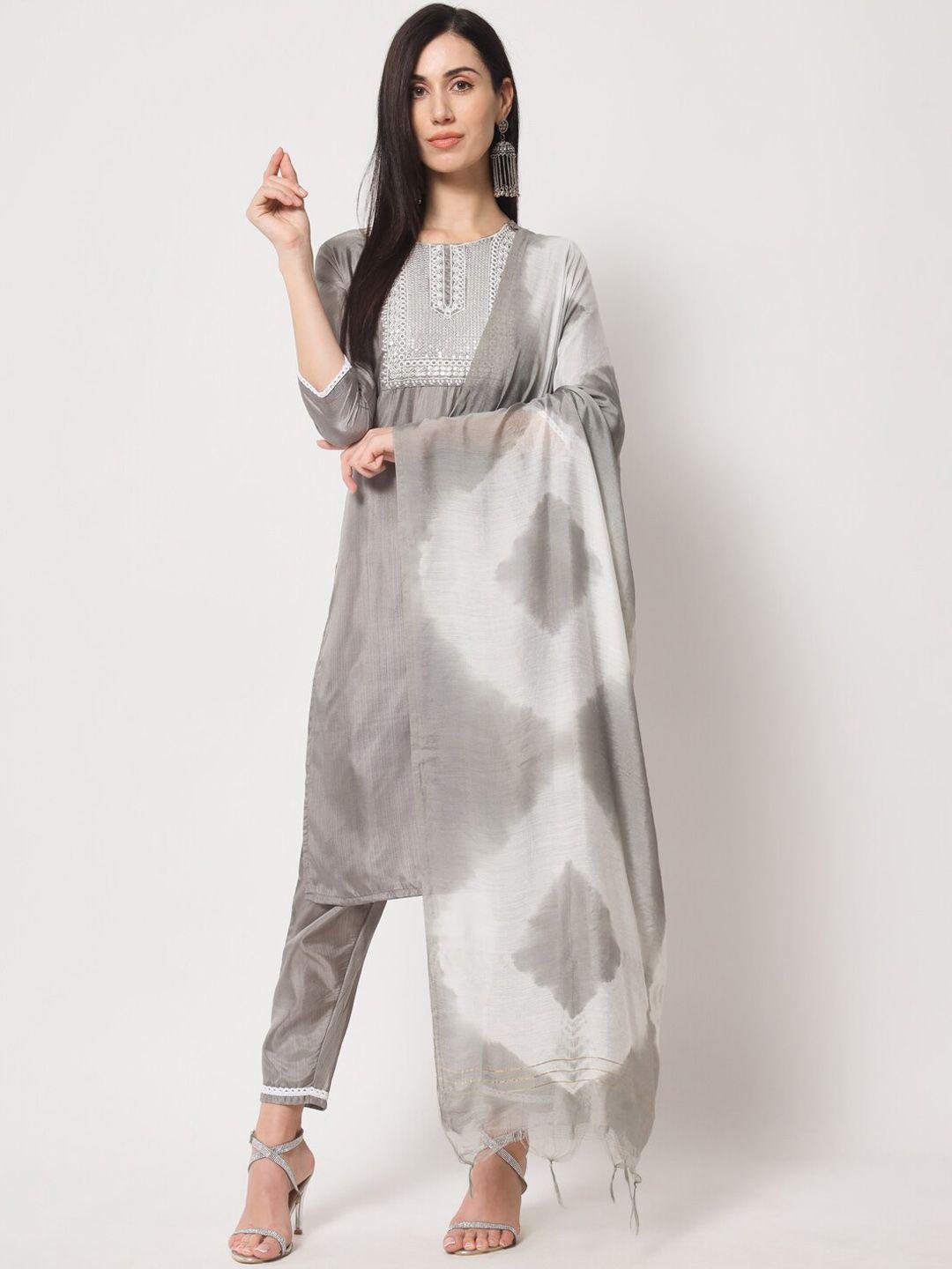 anouk ethnic motifs yoke design thread work pure silk kurta with trousers & dupatta