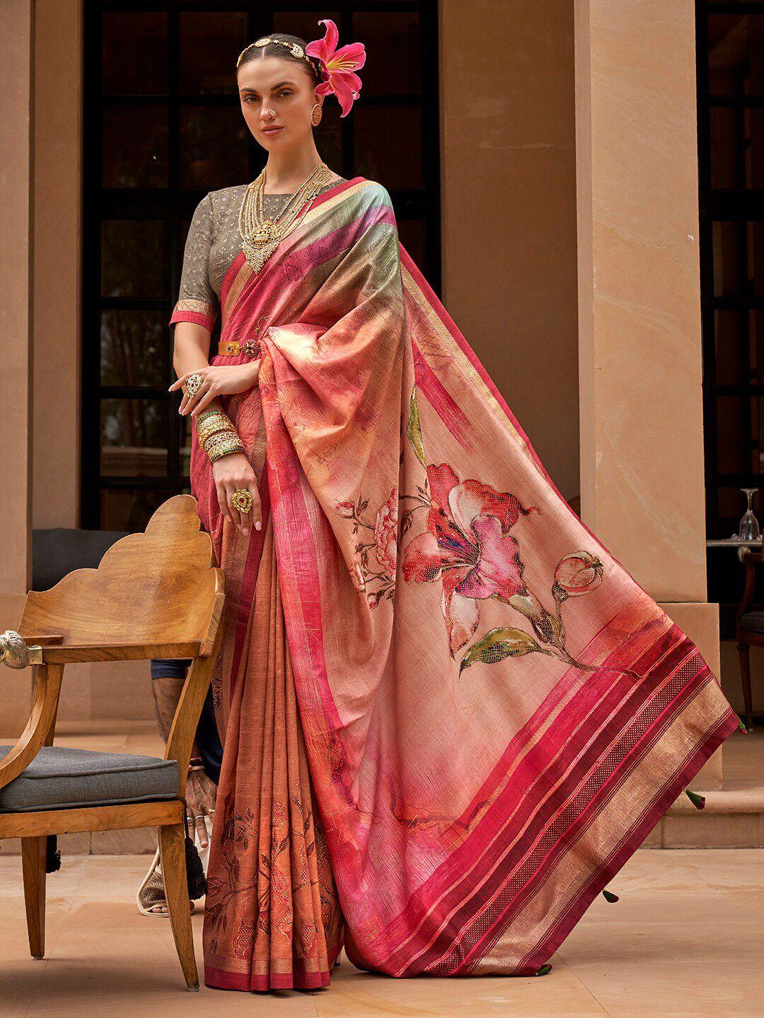 anouk floral design printed zari banarasi saree