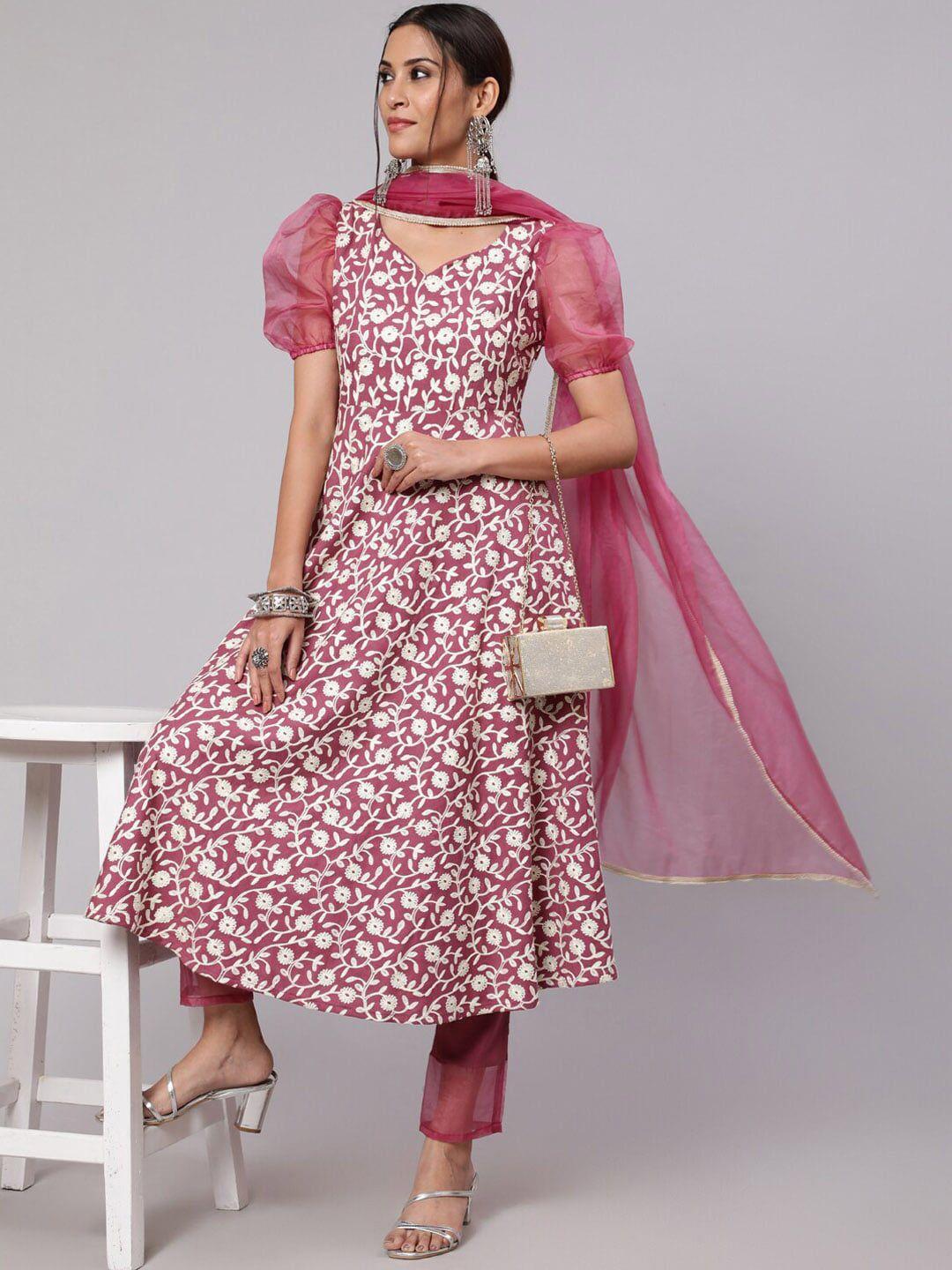 anouk floral embroidered anarkali kurta with trousers & dupatta