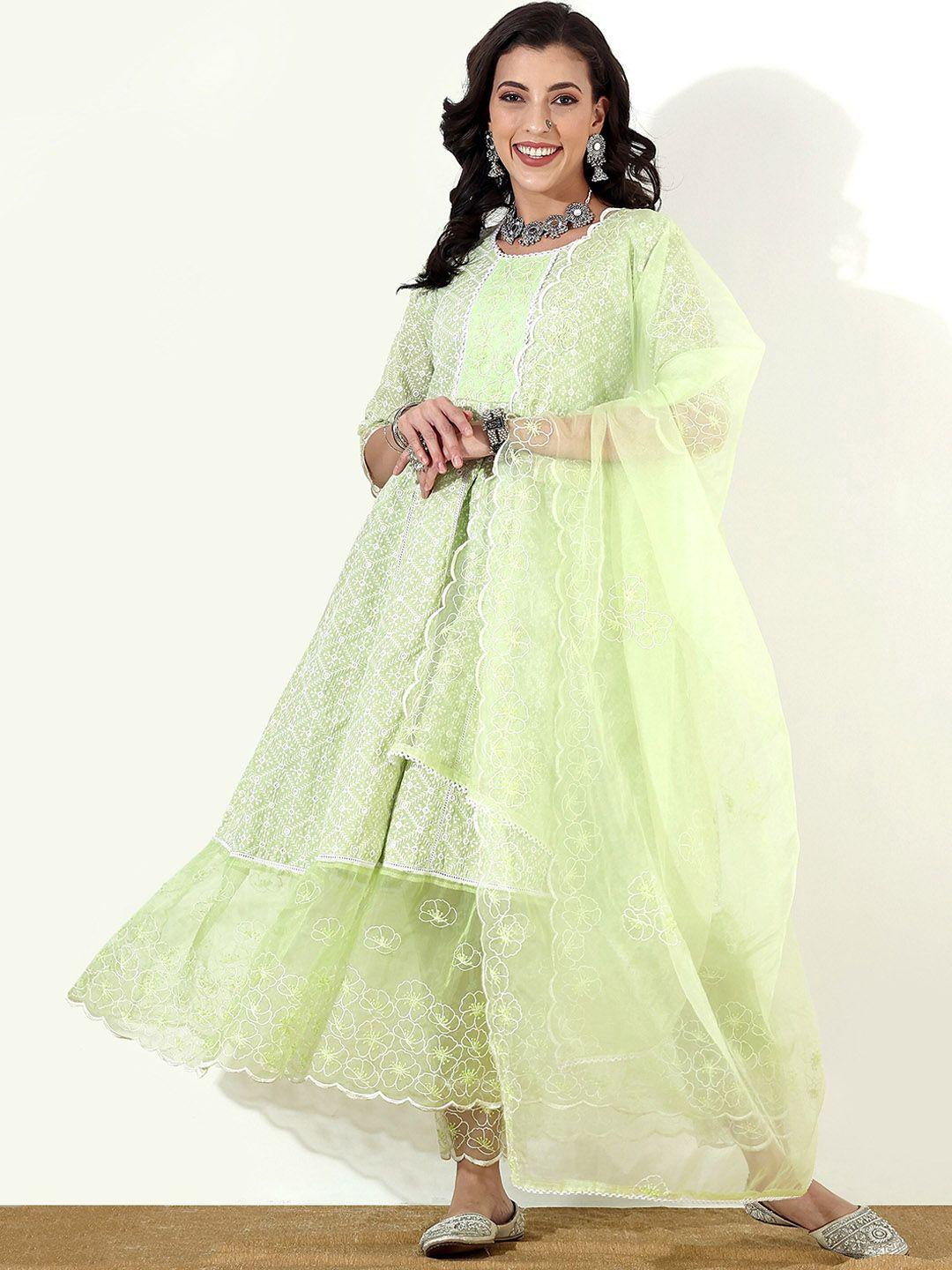 anouk floral embroidered chikankari a-line kurta with trousers & with dupatta